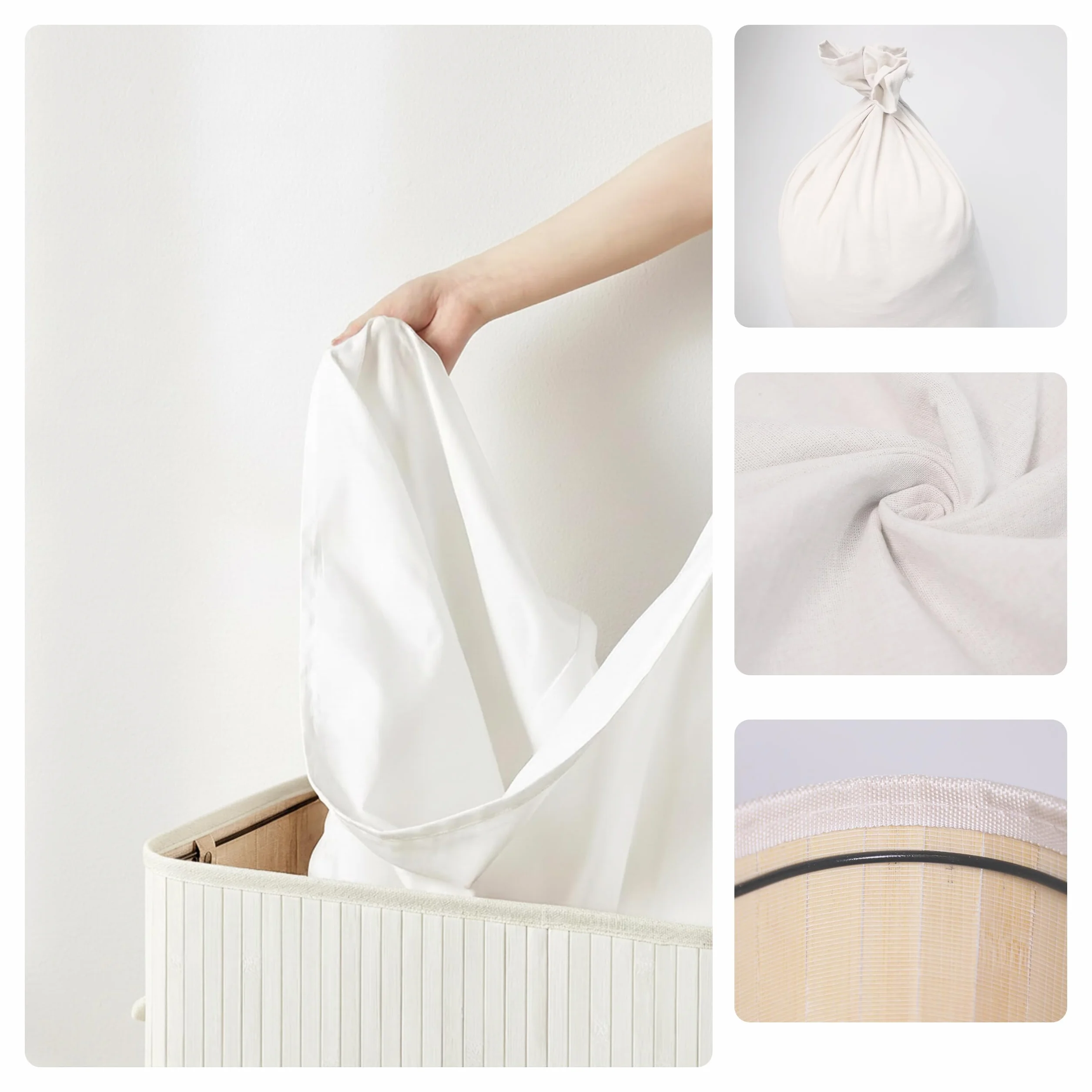 Relaxdays Cesto portabiancheria con Coperchio, bambù, 150 l, 3 Scomparti, HxLxP: 61,5x61x41,5 cm, Bagno, Bianco