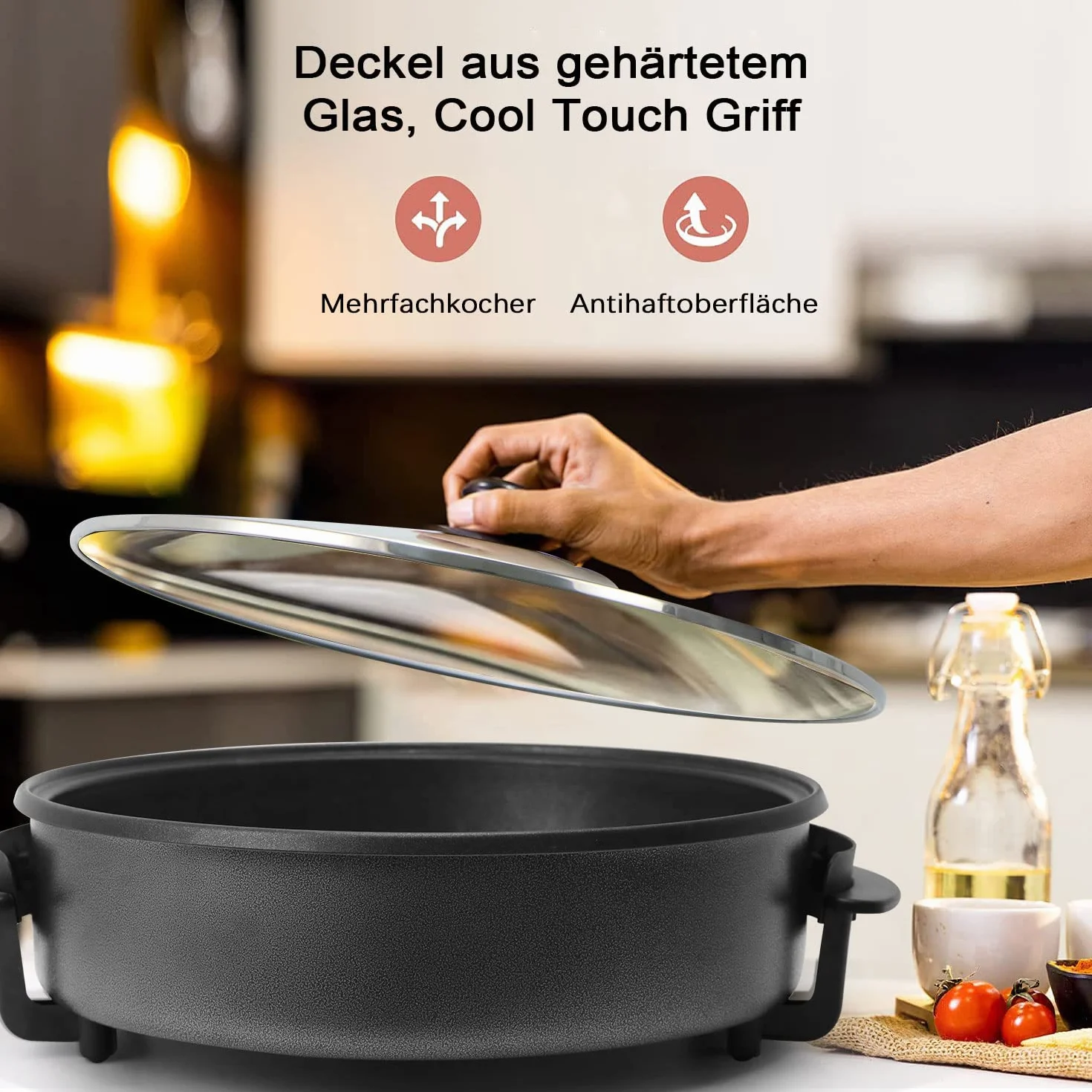 Padella Elettrica Multipadella, Ø 42 x 9 cm, 1500 W, Pizza & Feste, Multifunzione, Controllo Termico Regolabile, Acciaio Inossidabile, Moderno