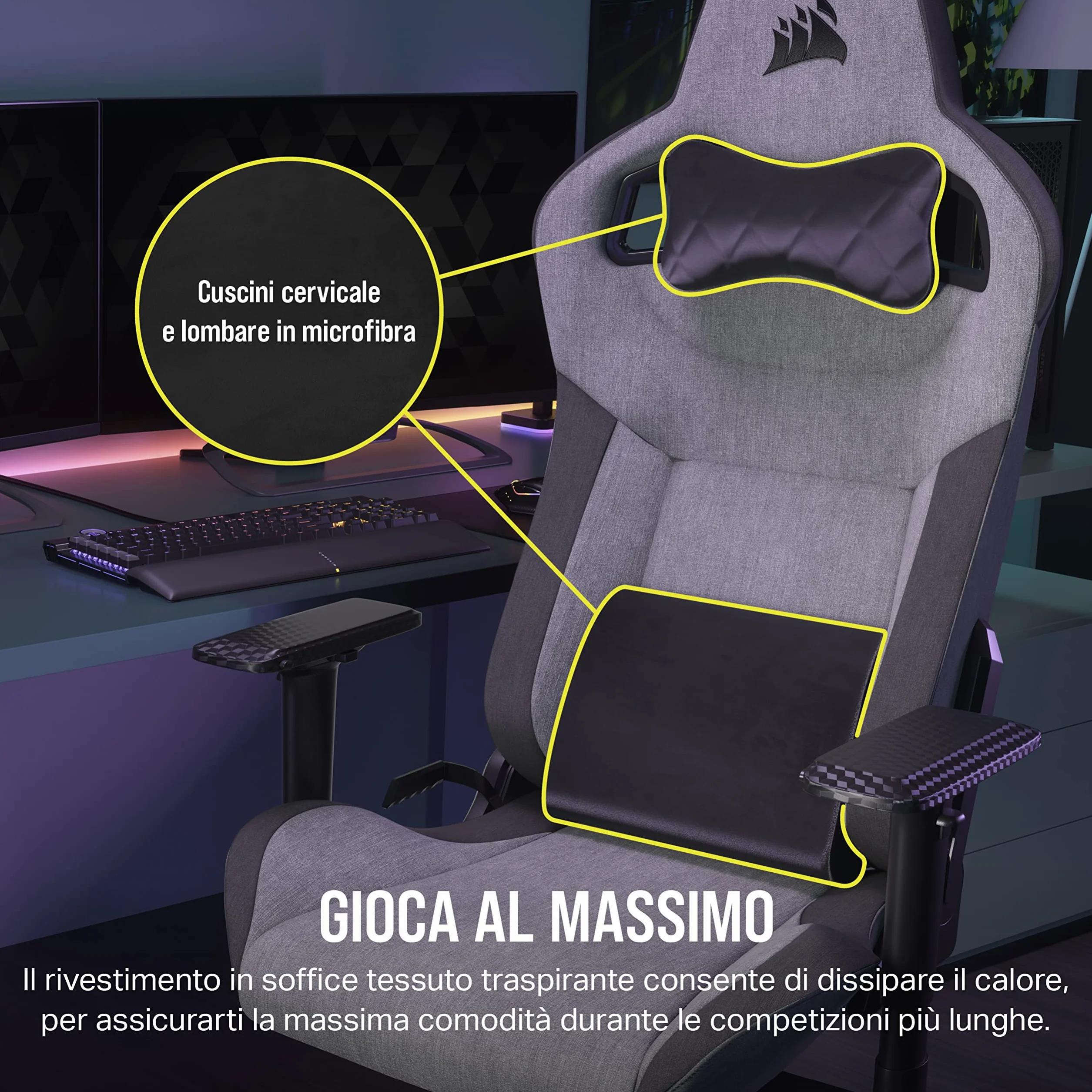 Corsair T3 RUSH Fabric Sedia da Gioco, Tessuto Morbido Traspirante, Cuscino Cervicale Regolabile, Supporto Lombare Memory Foam, Grigio Carbone