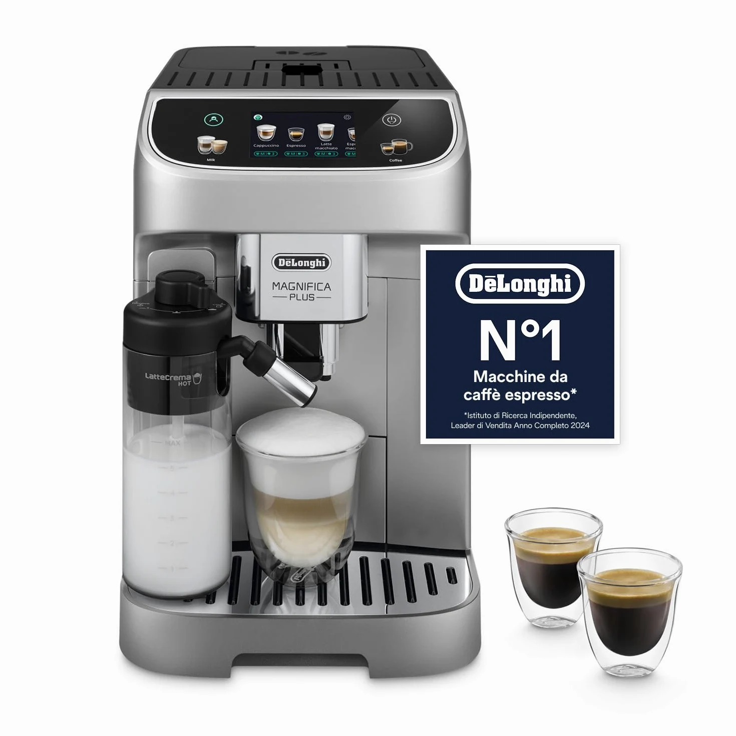De’Longhi Magnifica Plus – Perfetto Macchina da Caffè Automatica, LatteCrema Montalatte Automatico, 18 Bevande in un Solo Tocco, Display Touch a Colori, Argento e Nero (ECAM322.70.SB)