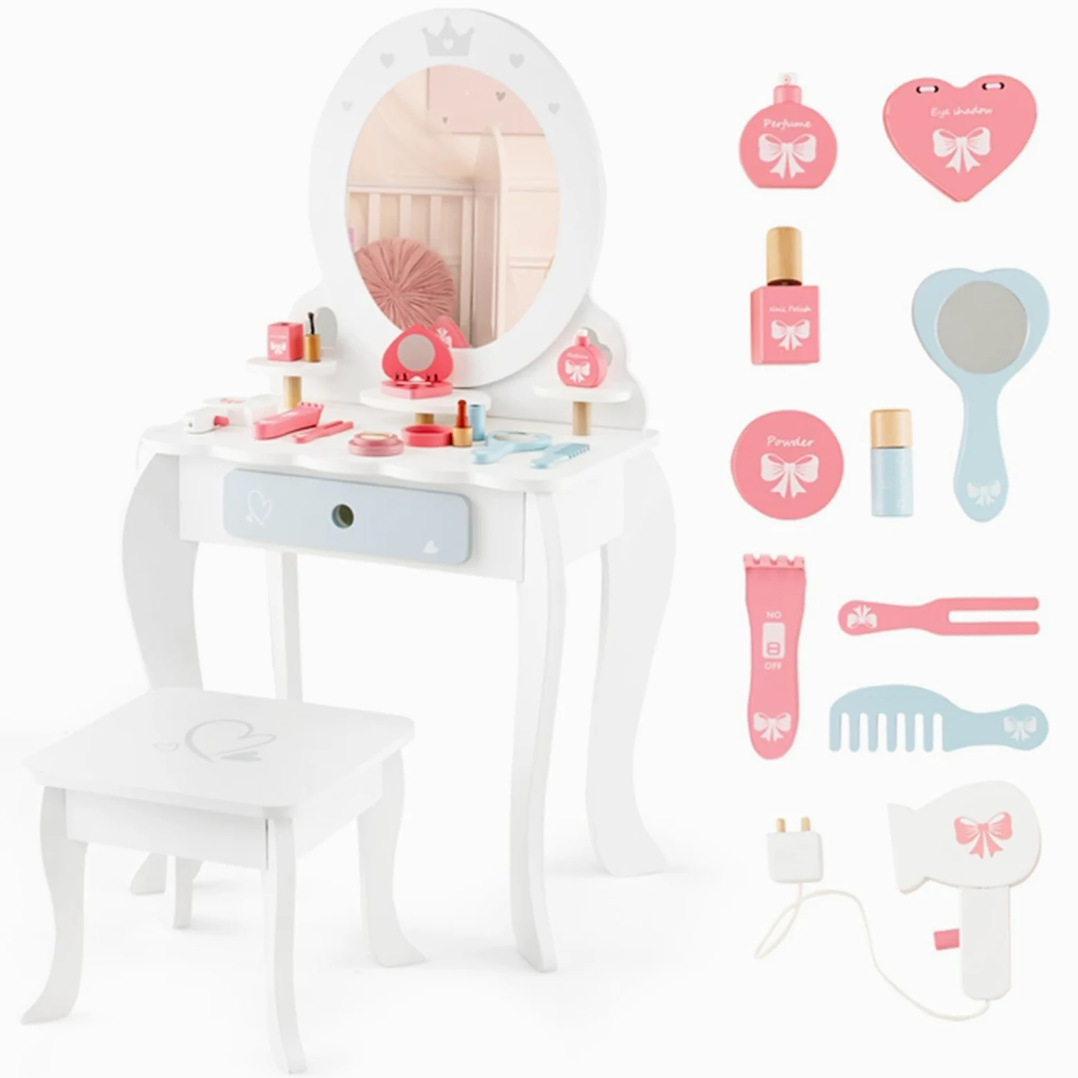 COSTWAY Toeletta Trucco 2 in 1 per Bambina, Specchiera Staccabile per Ragazza in Legno con Sgabello, Cassetto, Ripiani e Giocattoli, Postazione Trucco per 3 Anni, 50 x 34 x 93 cm, Bianco