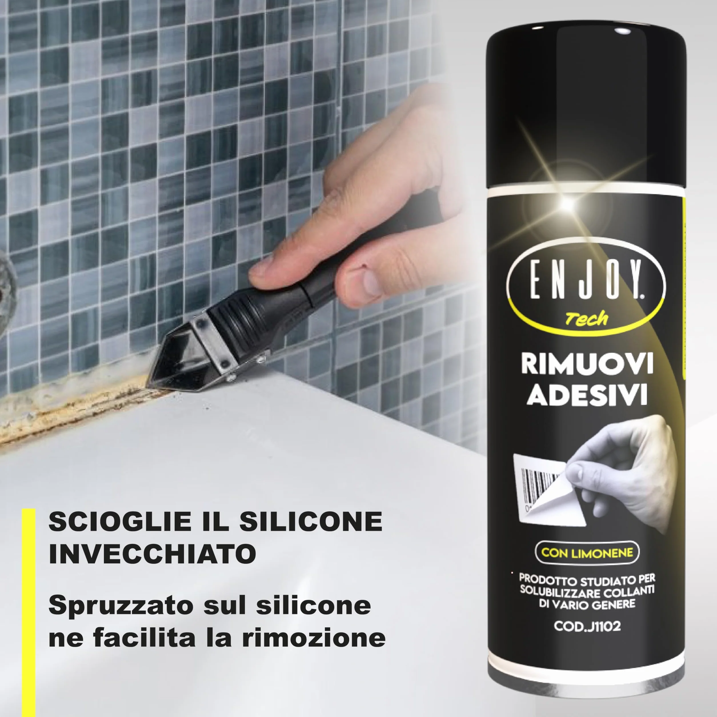 ENJOY TECH - Spray Rimuovi Etichette 500ml | Rimuove Adesivi, Residui di Colla e Silicone da Vetro, Plastica, Metallo e Legno | Sicuro su Superfici, Non Lascia Aloni | Professionale Made in Italy