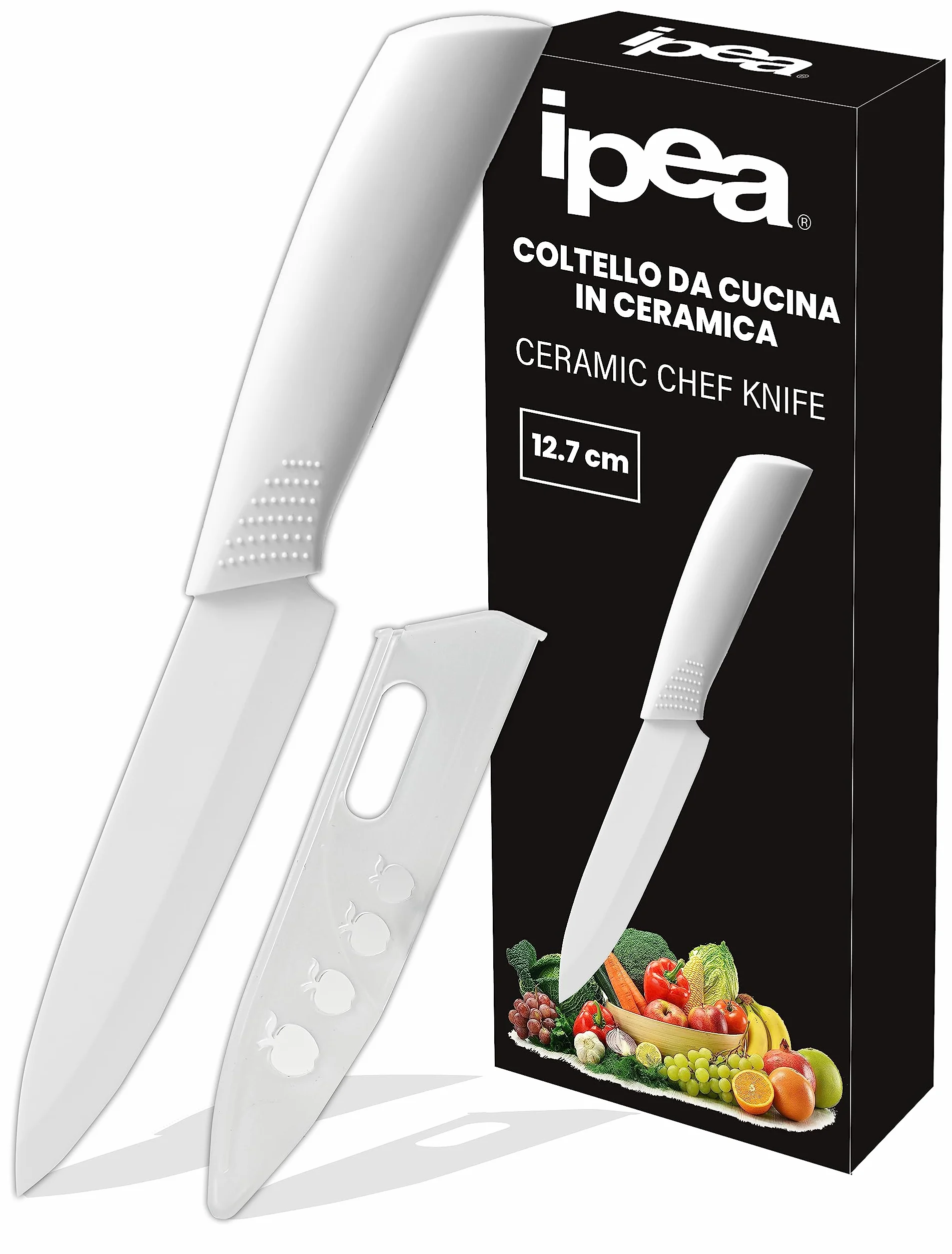 IPEA Coltello in Ceramica Lama 12,7 cm Chef da Cucina Multiuso Affilato con Coprilama Impugnatura Antiscivolo