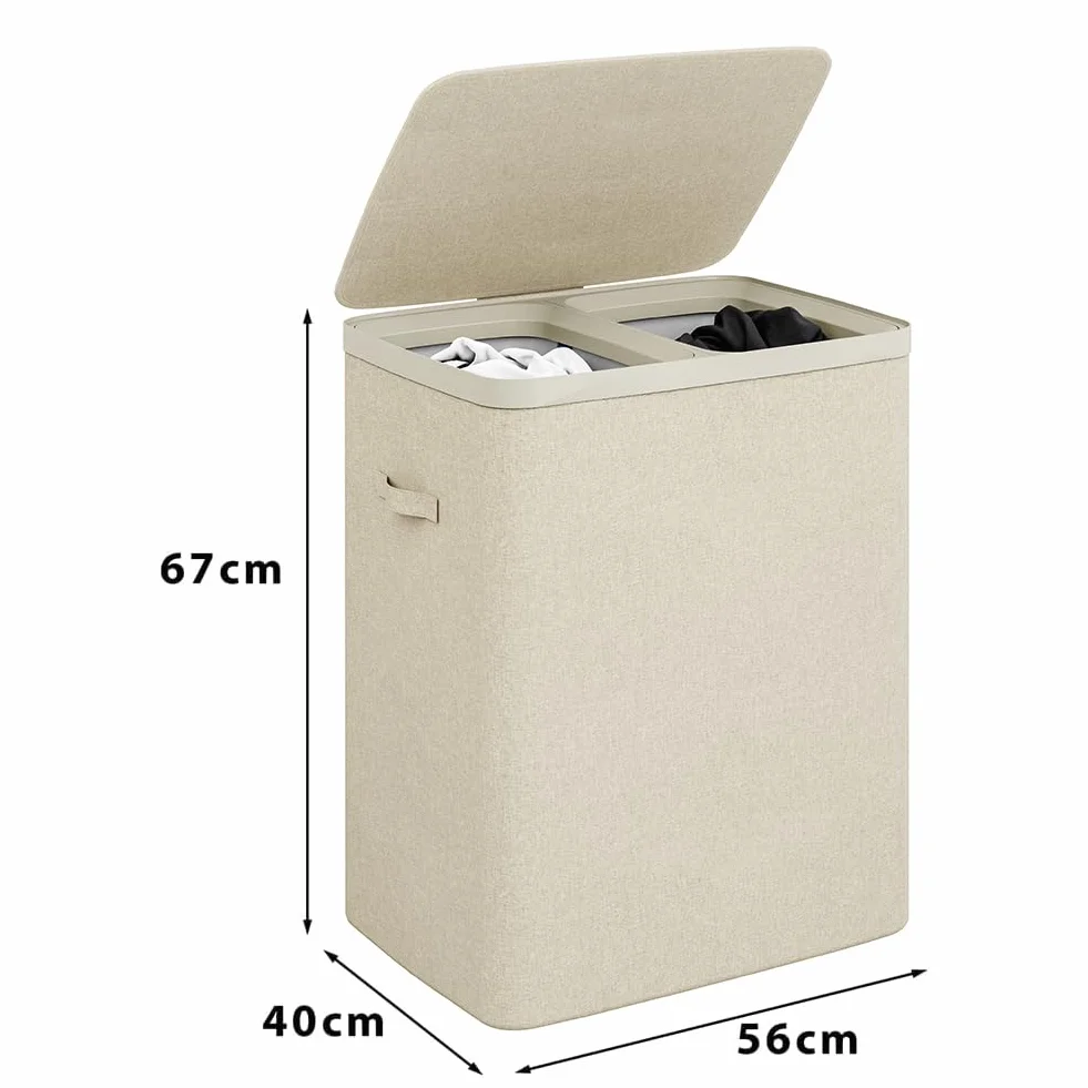 BAKAJI Cesto Portabiancheria Sporca a 2 Scomparti, Cestino Doppio in Poliestere con Sacchi Estraibili per Biancheria e Bucato con Maniglie, Coperchio Antiodore, 56 x 40 x 67 cm (Beige)