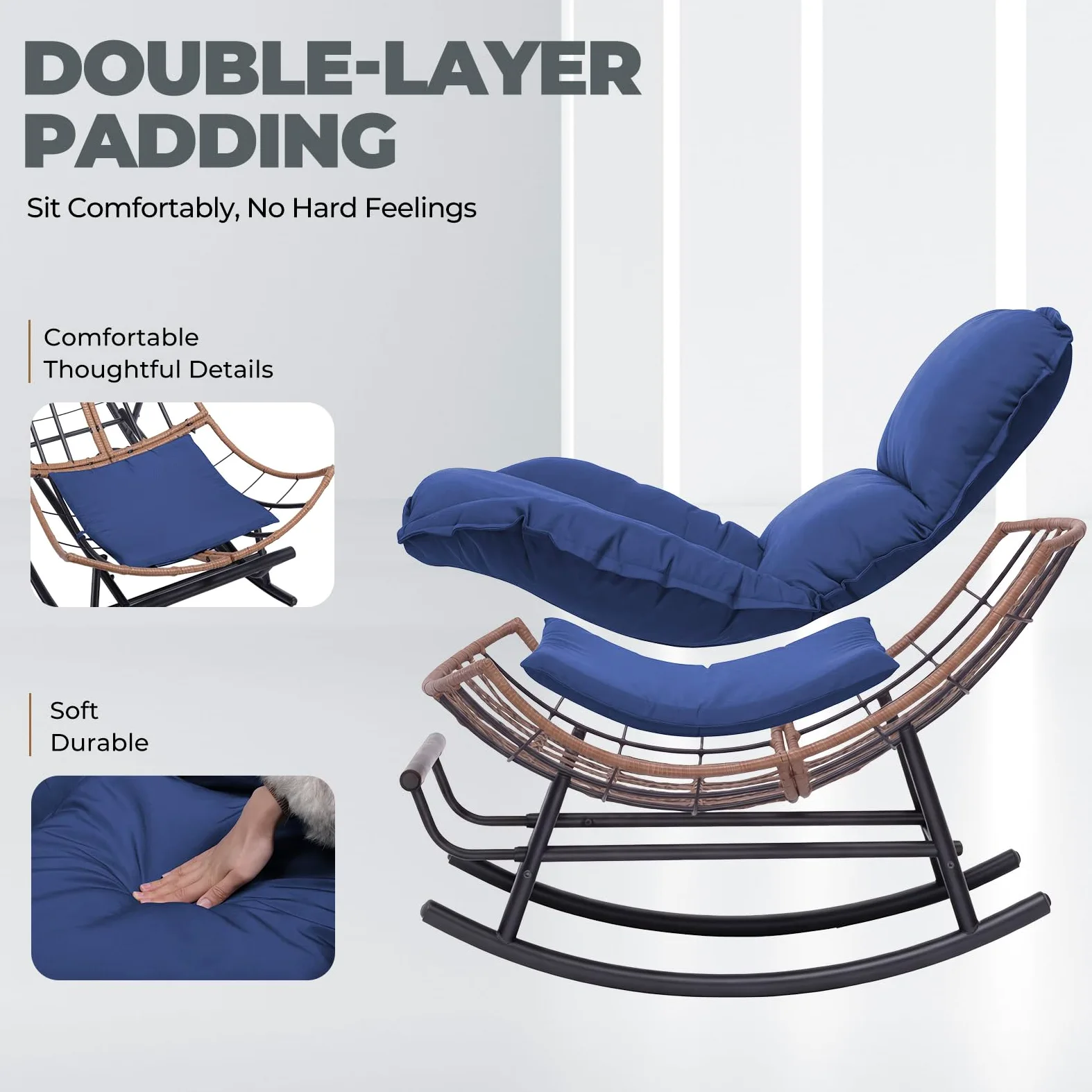 COMHOMA Sedia a dondolo, poltrona relax, struttura in acciaio, poggiapiedi estraibile, portata fino a 136 kg, per dormire, soggiorno, terrazza, giardino, blu