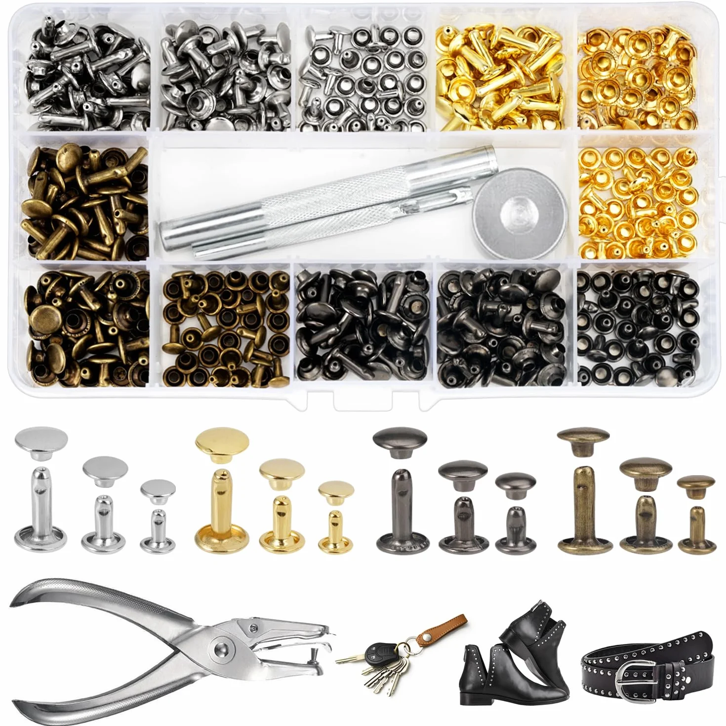 180 Set Rivetti di Pelle 6mm/8mm/12mm Doppio Tappo Rivetto Rivetti Metallici Borchie per Pelle con Punch Pinze 3 Pezzi Strumenti di Fissaggio, per Scarpe,Vestiti,choker,Artigianali Pelle(4 Colori)
