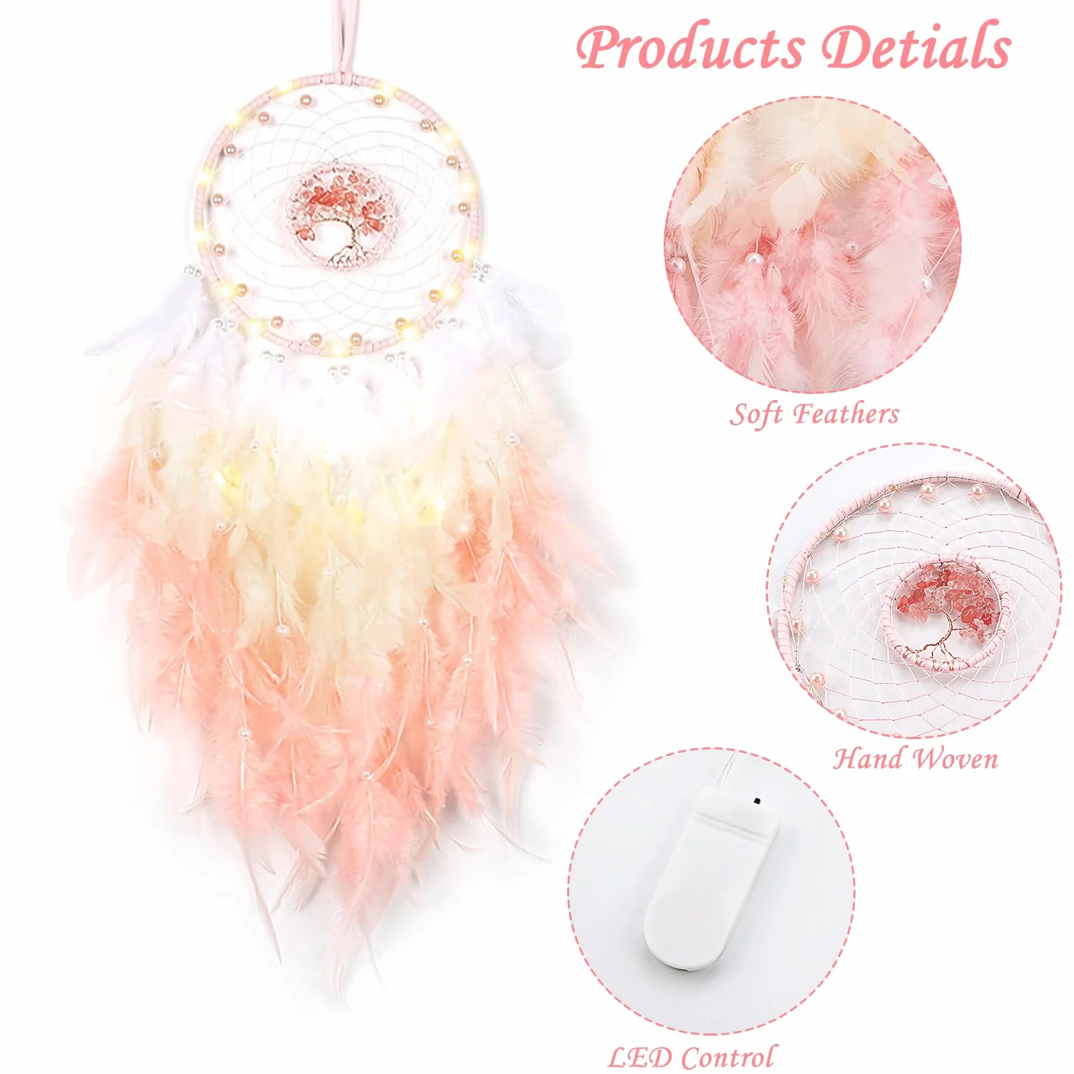 Acchiappasogni Piume Led Indiano Dream Catcher Wall Decorazione Fatto a Mano Regalo di Natale Rosa