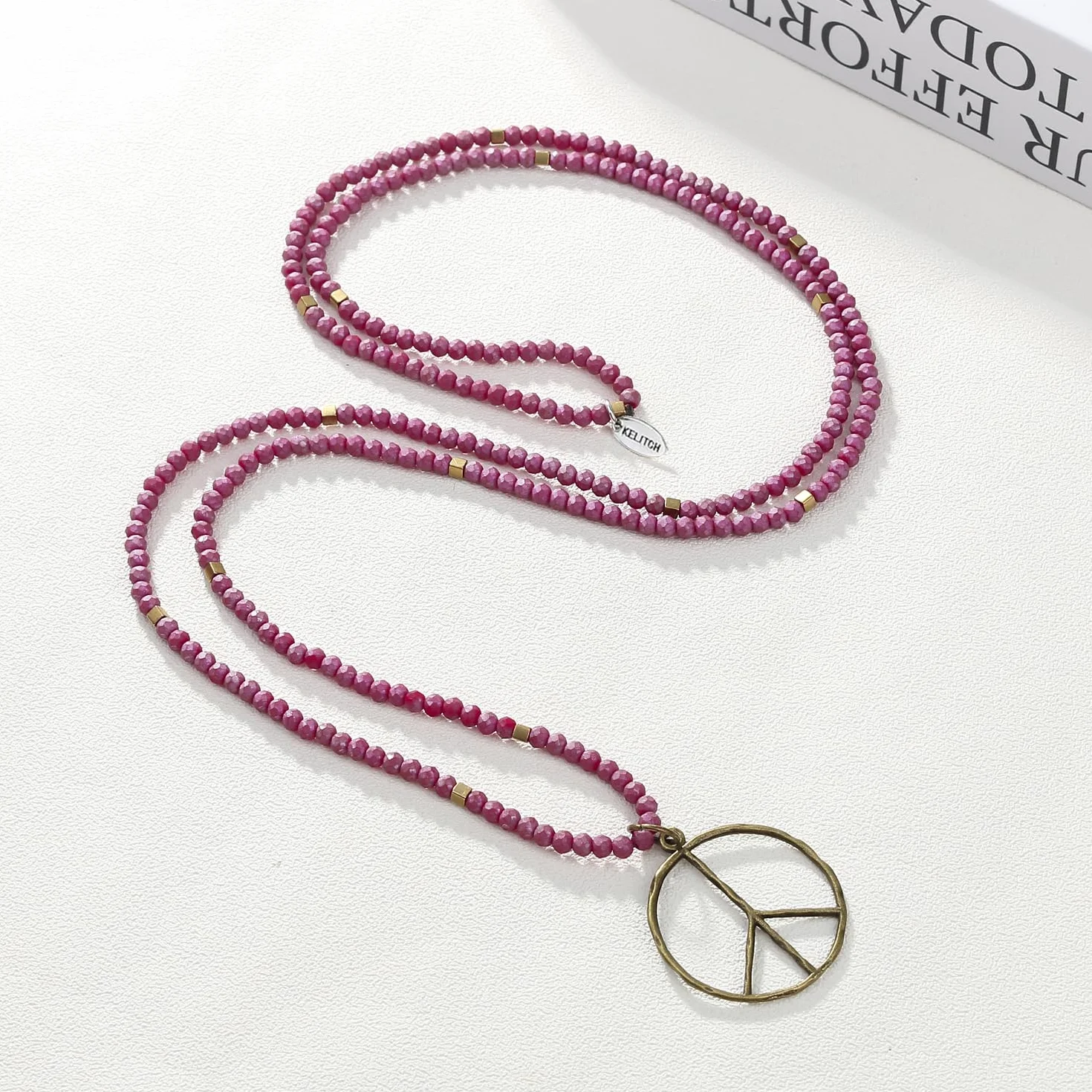 KELITCH Peace Sign collana ciondolo cristallo donna legno ovale