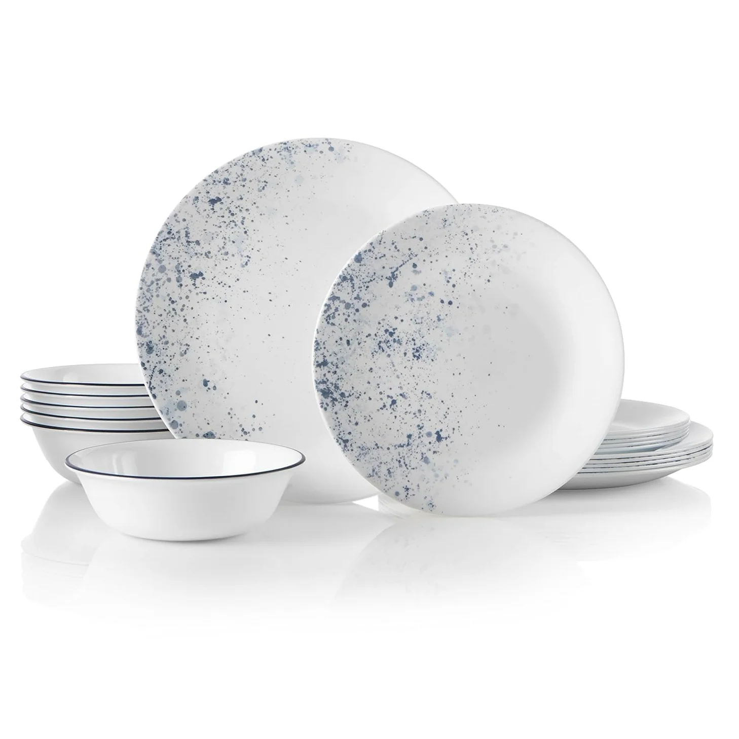 Corelle Servizio da tavola da 18 pezzi, indaco speckle, blu e bianco per 6, resistente alle scheggiature, include piatti piani da 26 cm, insalata/piatti da contorno da 17 cm e ciotole da zuppa/cereali