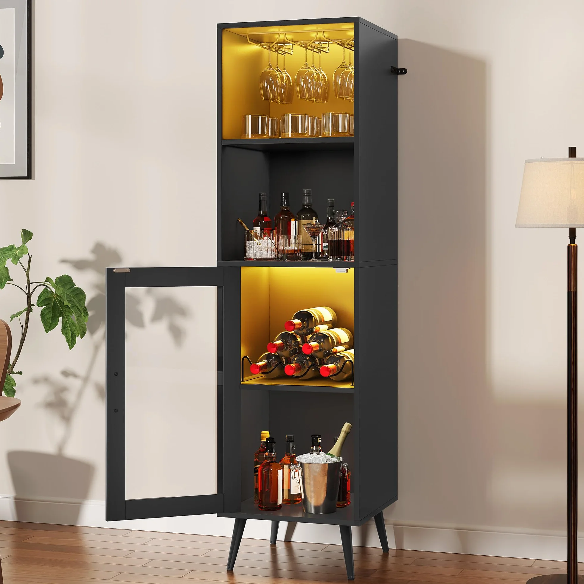 YITAHOME Armadietto da bar con luci LED regolabili, caffetteria con portabottiglie e ganci e anta in acrilico, credenza da cucina per buffet per casa, bar, sala da pranzo, soggiorno, nero