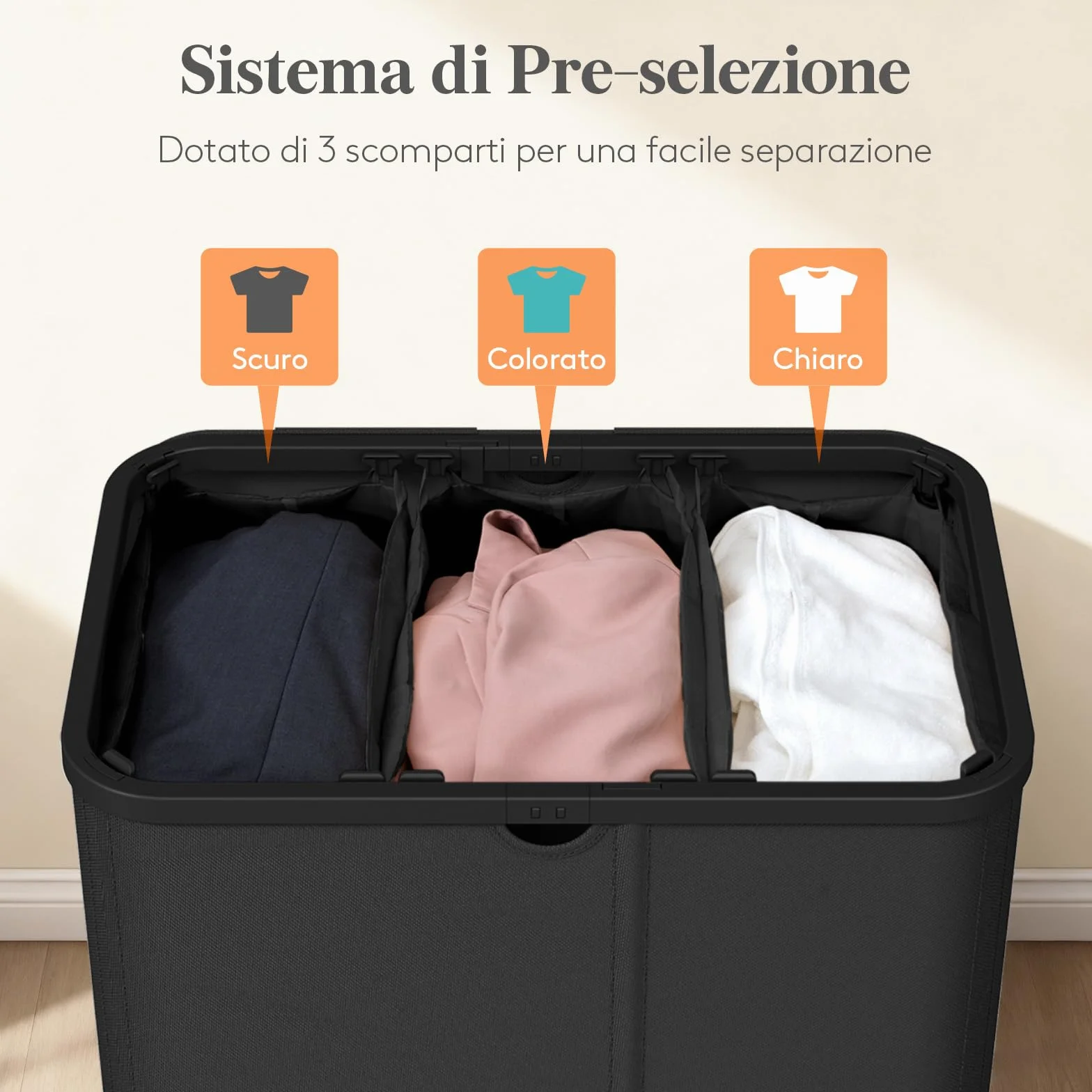 Lifewit Cesto Portabiancheria con Coperchio, Grande Portabiancheria Pieghevole a 3 Scomparti con Sacchi Rimovibili, Laundry Basket per Camera da Letto, Bagno e Lavanderia, 150L, Nero