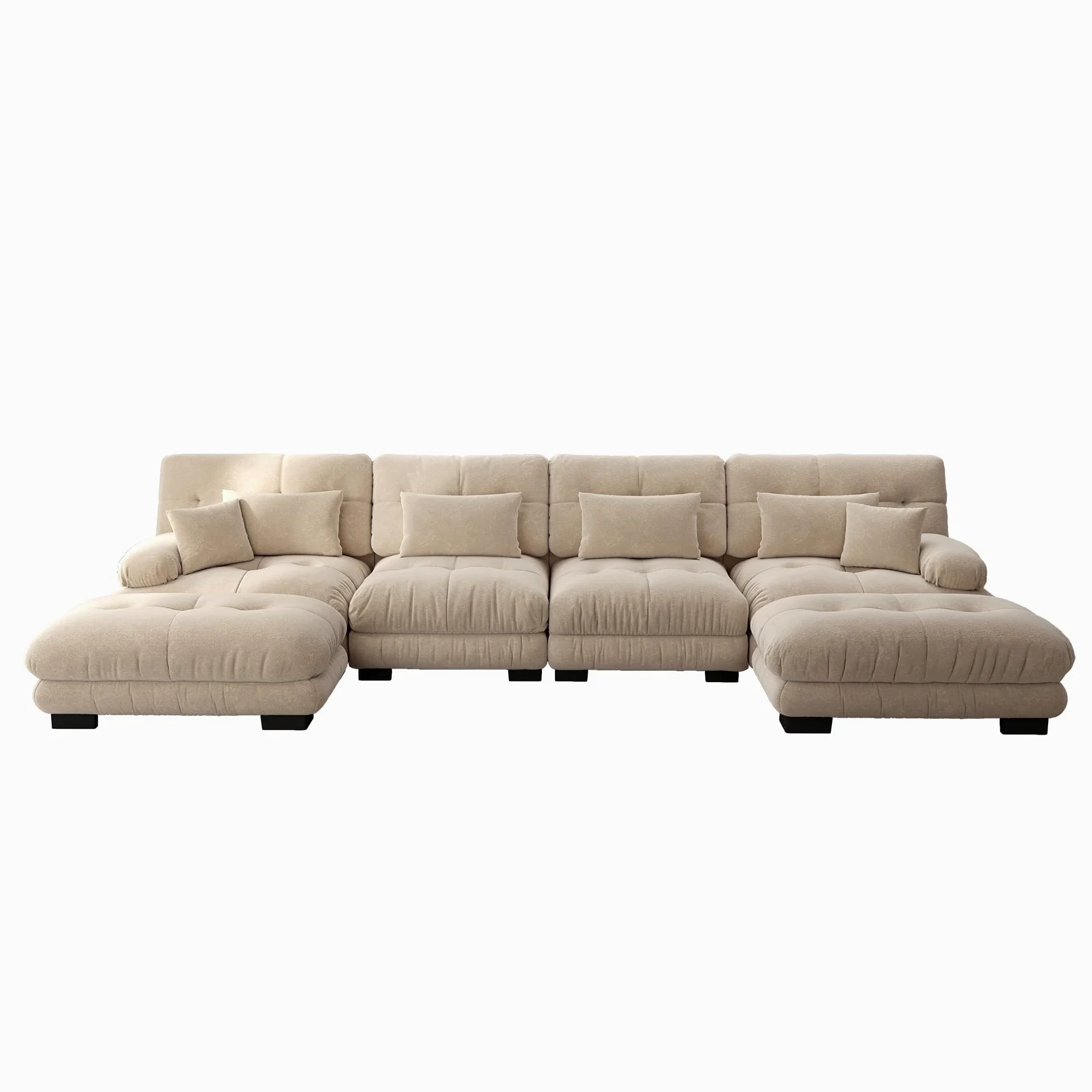Divano angolare modulare, set divano a forma di U per soggiorno, 4 posti, comodi divani cloud con pouf mobile, combinazione fai da te, caffè leggero, ciniglia marrone chiaro
