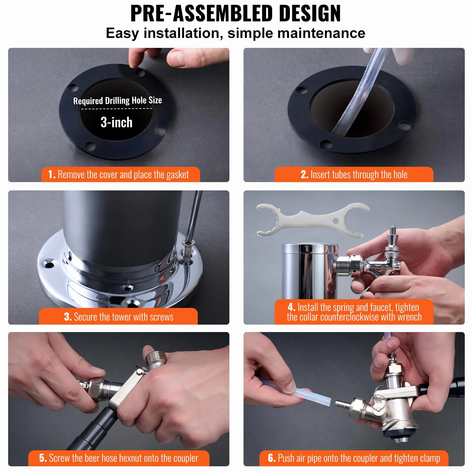 VEVOR Kit Colonna Birra a Rubinetto Singolo, Dispenser per Bevande Birra in Acciaio Inossidabile, Rubinetto Birra con Regolatore a Doppio Manometro W21.8, Accoppiatore per Fusti Sistema A