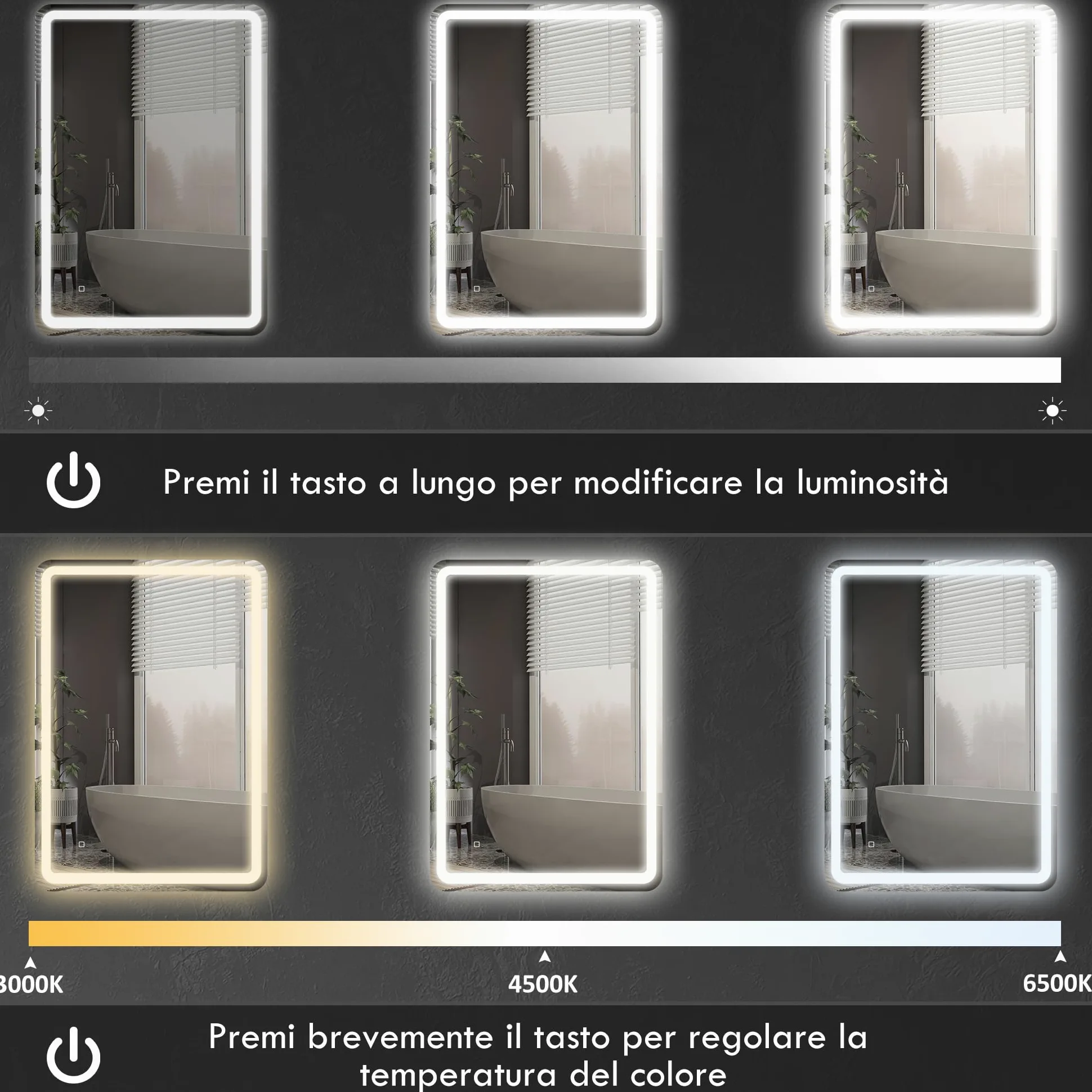 HOMCOM Specchio Bagno con Luce LED 70x100cm, Specchio da Parete con 3 Colori Dimmerabile, Funzione Memoria, Antiappannamento, Interruttori Touch, in Vetro Temperato, IP44, Orizzontale/Verticale