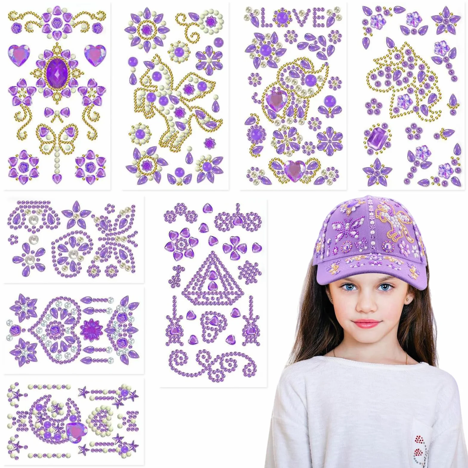 Kit DIY Adesivi per Cappellino da Baseball per Bambina, 8 Stickers Decorativi con Gemme per Personalizzare il Tuo Cappellino, Regalo Creativo per Compleanno o Ritorno a Scuola