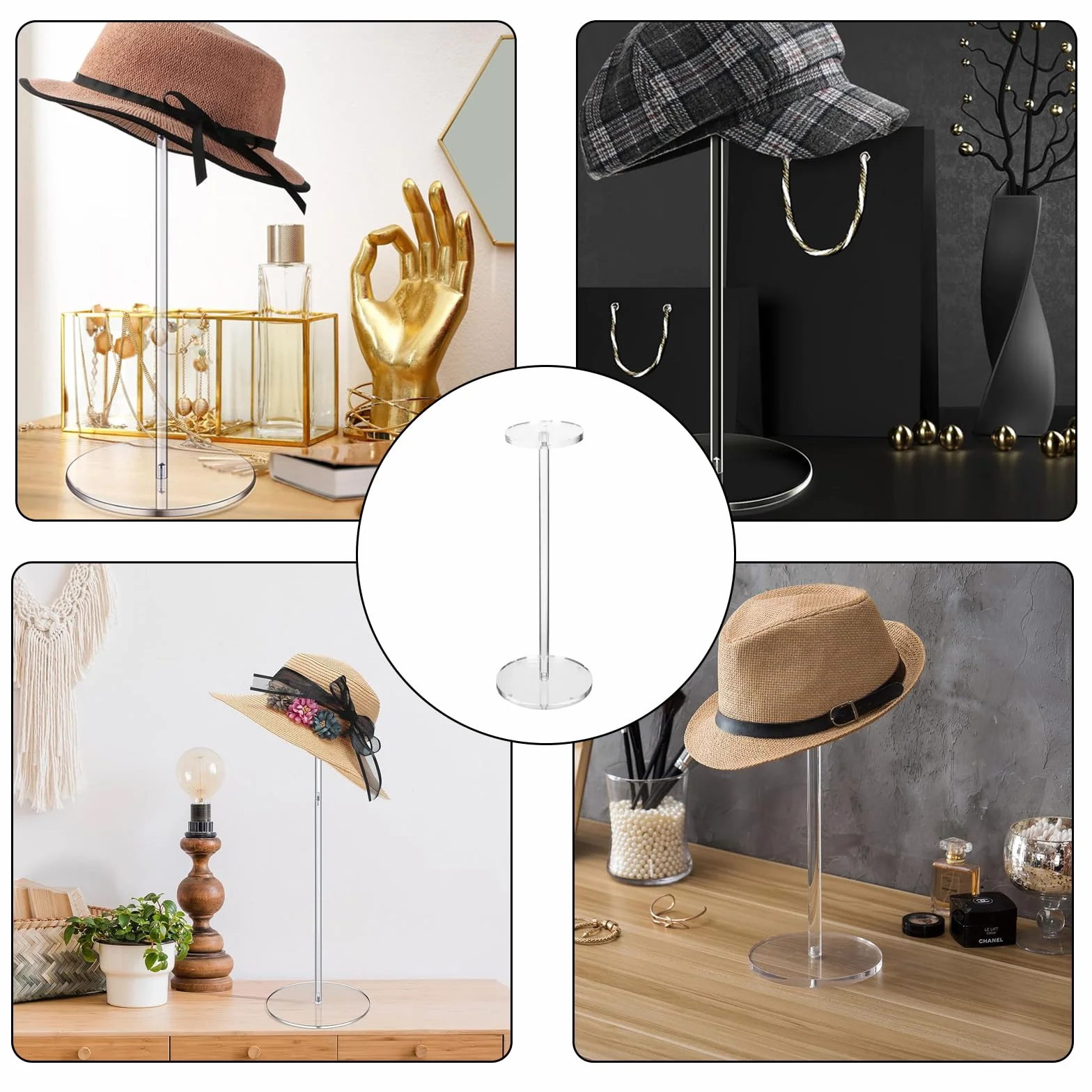 Espositore per cappelli in acrilico trasparente da 12 pollici per esposizione, espositore per cappelli con base rotonda