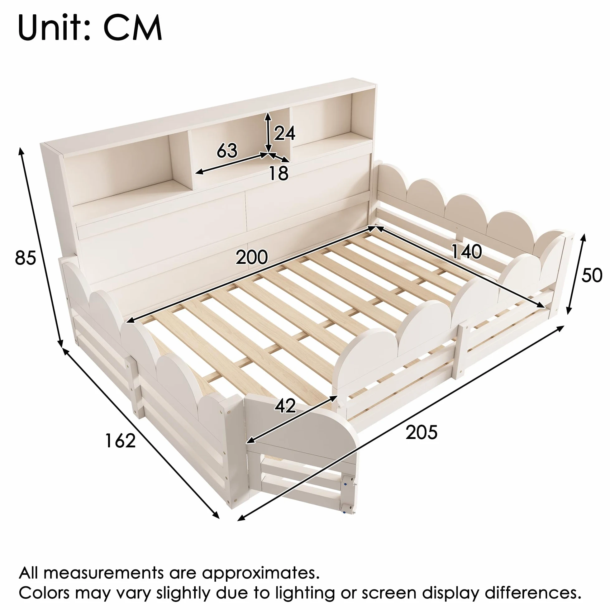 Montessori Letto a Terra per Bambini 140x200cm con Mensola, Protezione Anticaduta e Sportello, Letto Piazza e Mezza per Bambini, Strutture letto in legno di Pino per Cameretta ragazzi (Senza Materasso