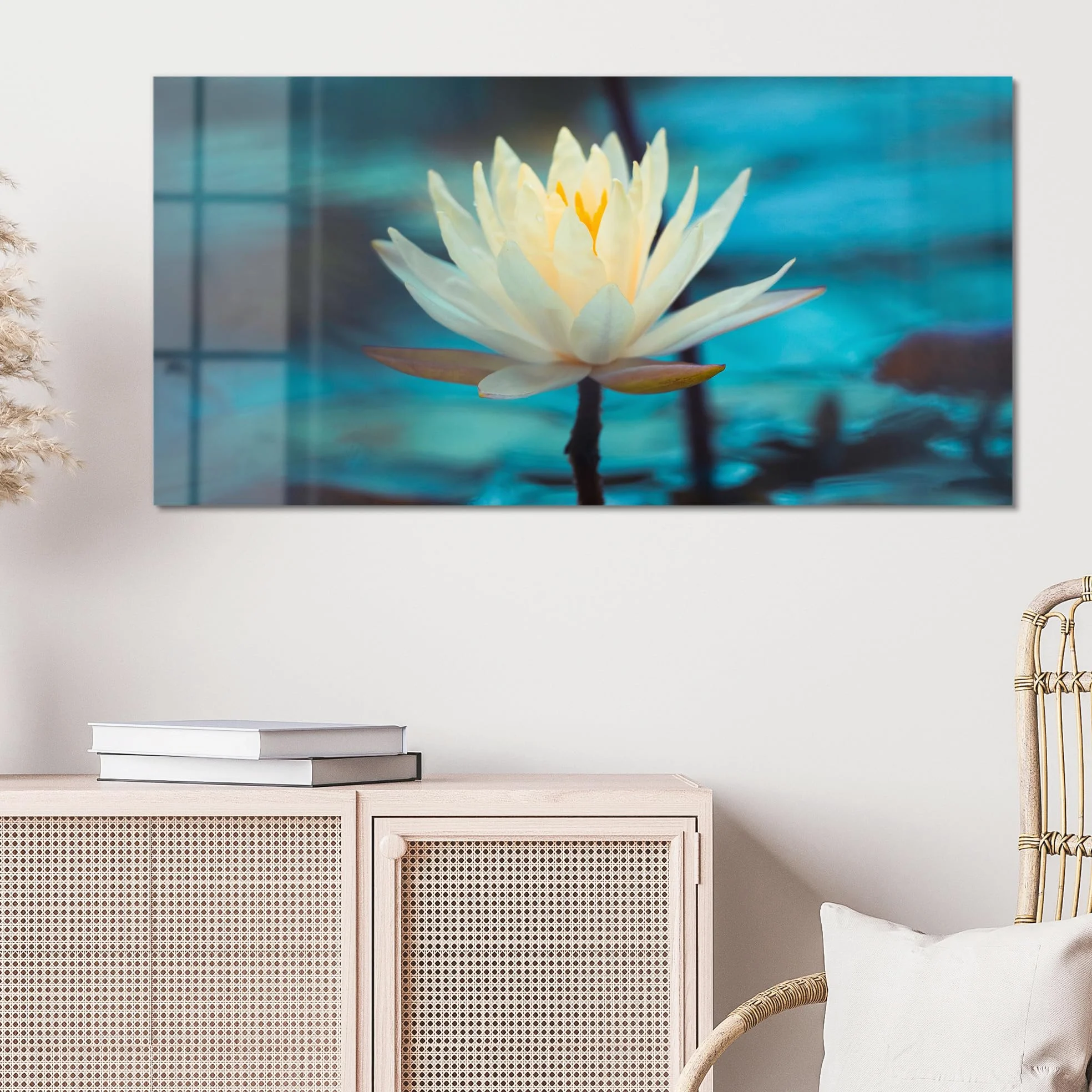 DEQORI Quadro in vetro vero | Motivo ninfee serenità | orizzontale unico pezzo 100 x 50 cm | bella decorazione da parete per soggiorno, camera da letto, corridoio e cucina | moderna decorazione da