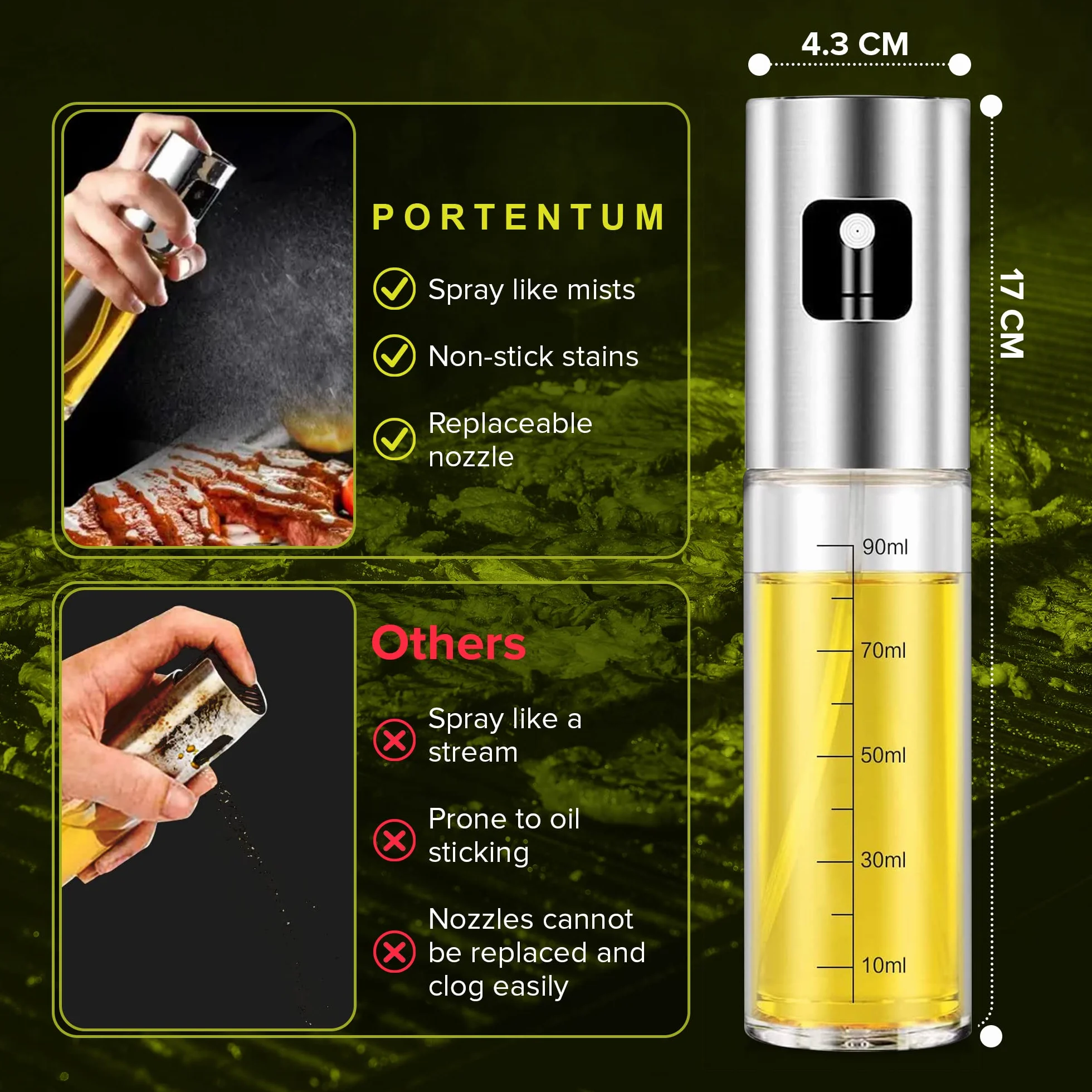 PORTENTUM Spruzzatore Olio Spray Acciaio Inox 100ml Oliera Vetro Cucina Friggitrice Aria