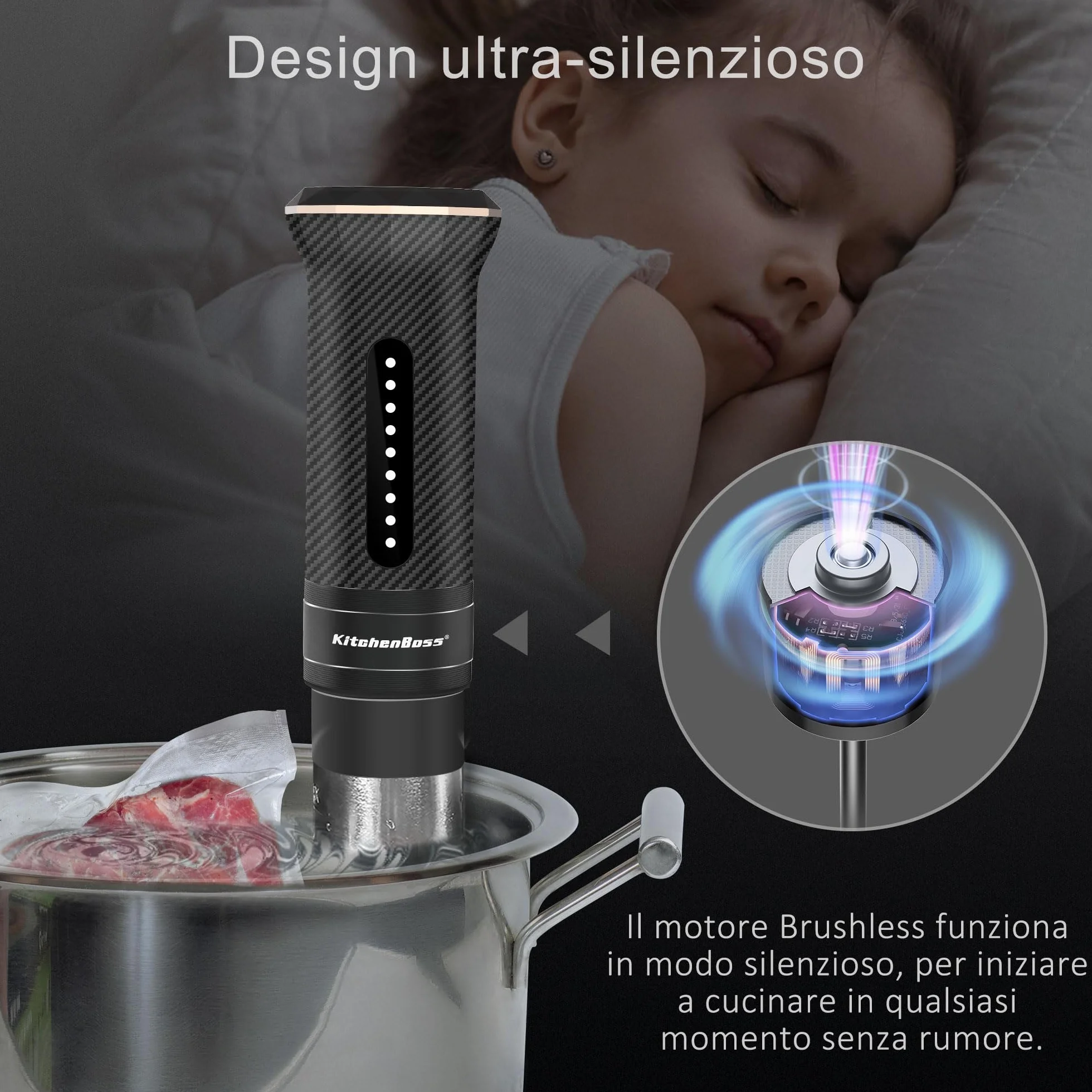 KitchenBoss G300T Sous Vide Roner 1100W Termocircolatore Immersione IPX7 Impermeabile 20 Ricette Prenotazione