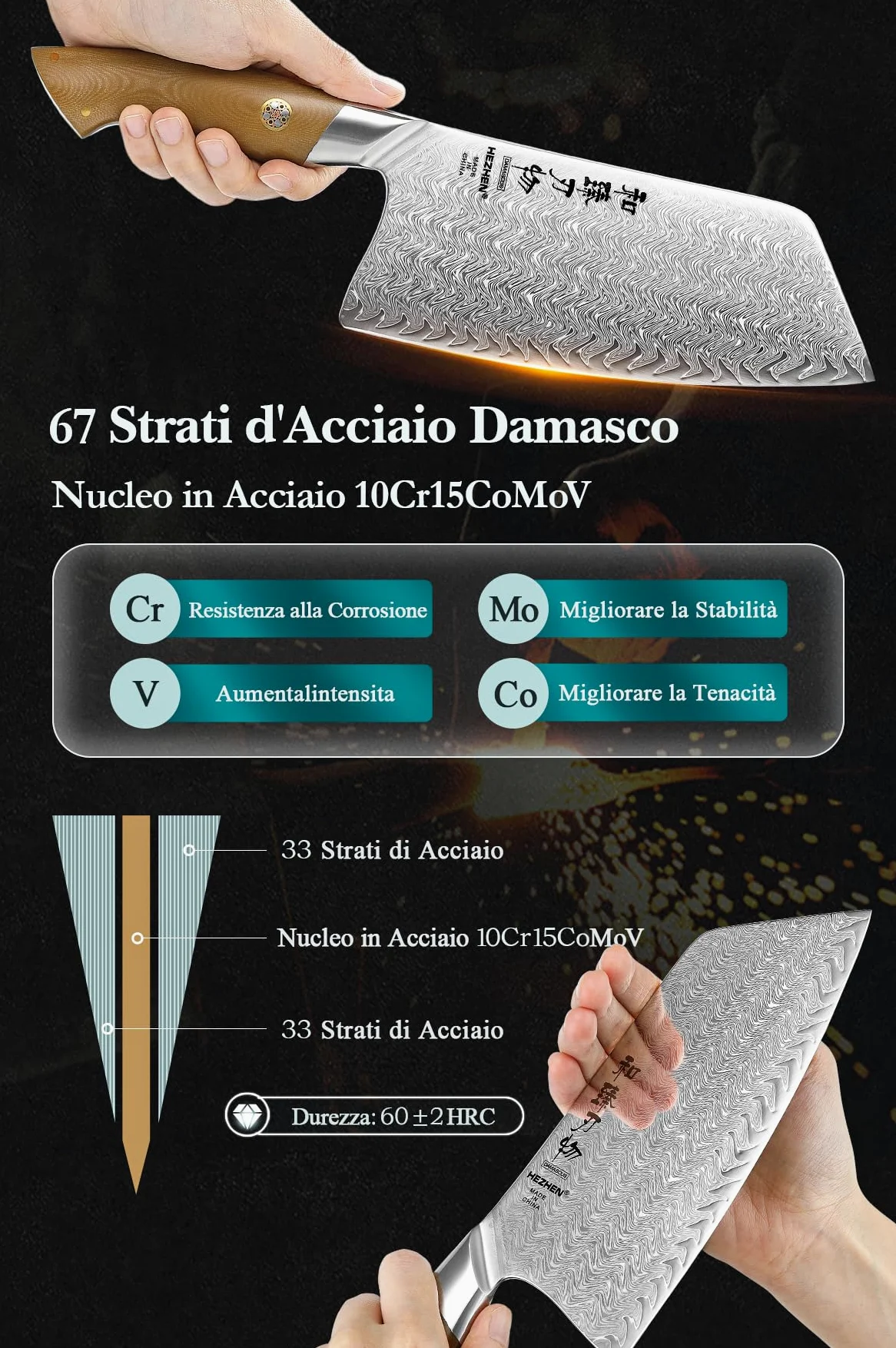 HEZHEN Mannaie per Carne Acciaio Damasco,Coltelli Mannaie da Chef Cinesi Professionale, Coltelli da Cucina Multifunzionale, Full Tang Manico