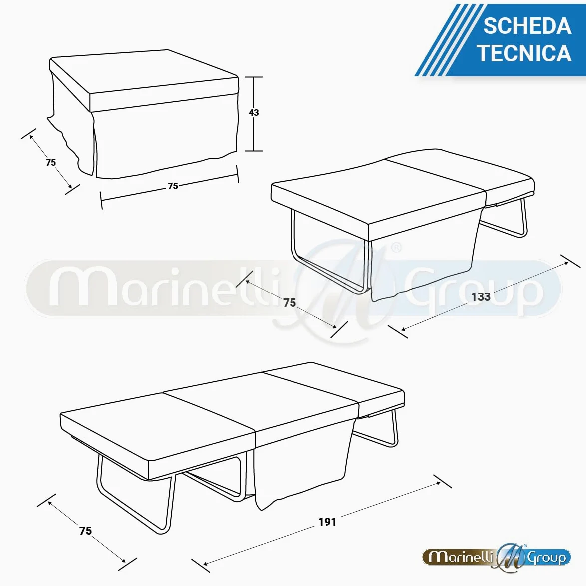MarinelliGroup Pouf letto singolo con materasso 75X75X43 cm salvaspazio pieghevole camera cameretta soggiorno poggiapiedi tessuto Beny (Marrone)