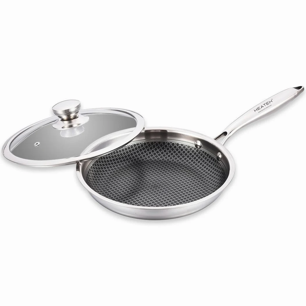 Set di 3 Padelle + Wok | Padella Antiaderente in Acciaio Inox Triplo Strato con Coperchio in Vetro | Antiaderente e Antigraffio | Adatta a tutti i Piani Cottura (HEATEK SET)