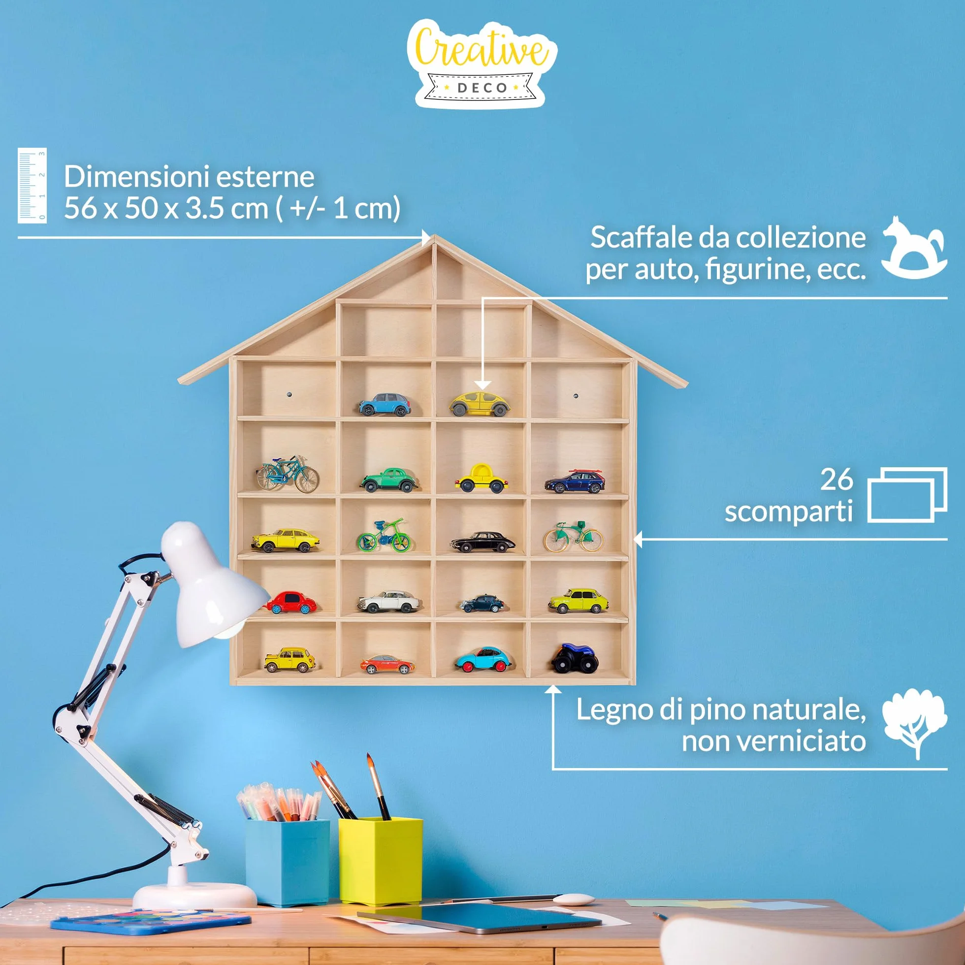 Creative Deco Bacheca da Parete Portaoggetti Scaffale Legno a Forma di Casa 56 x 50 x 3,5 cm 26 Scomparti