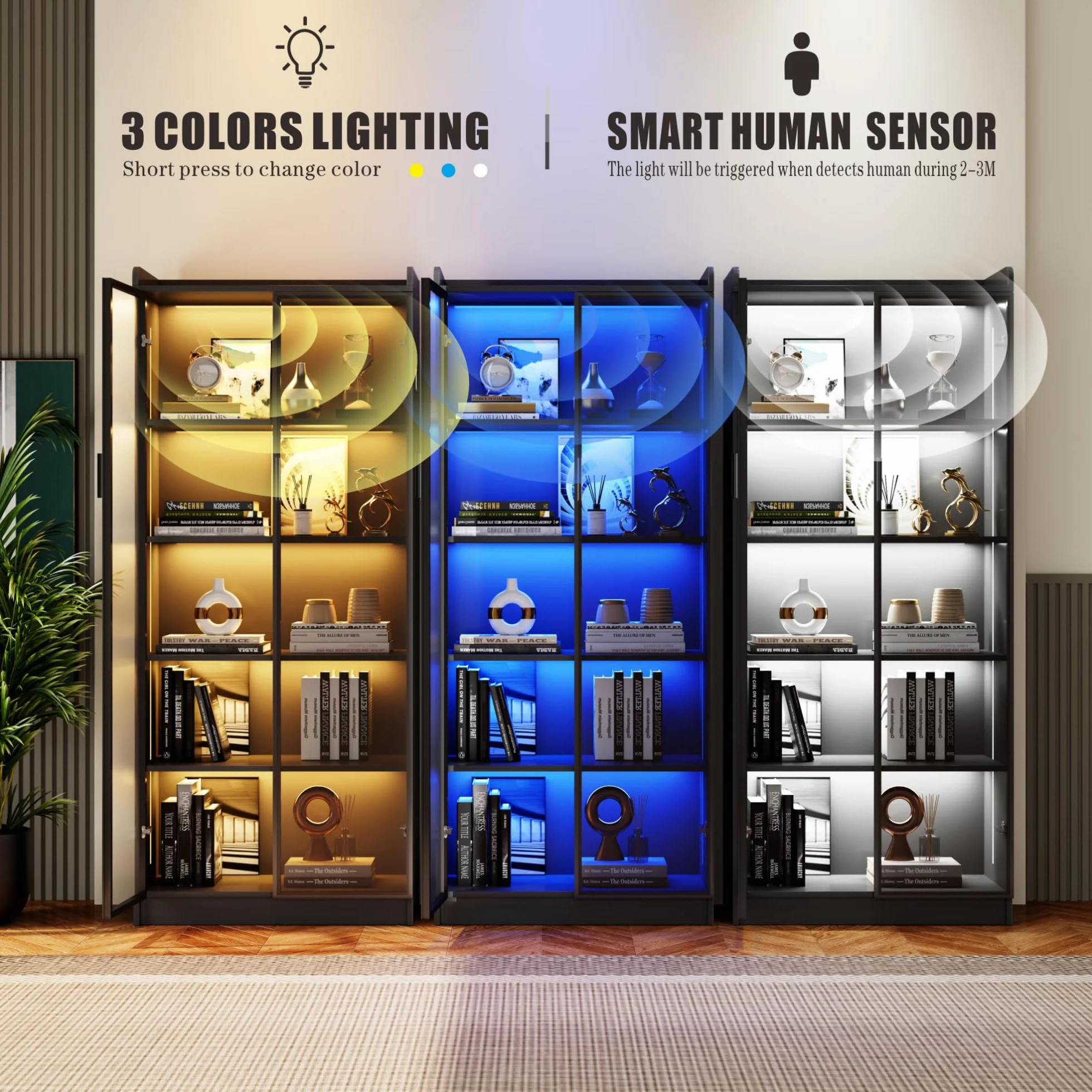 FREDEES Vetrina con illuminazione LED - Vetrina da collezione a 5 livelli con sensore intelligente - Vetrina a piantana in acrilico con ripiani regolabili - Per soggiorno, ufficio - Nero