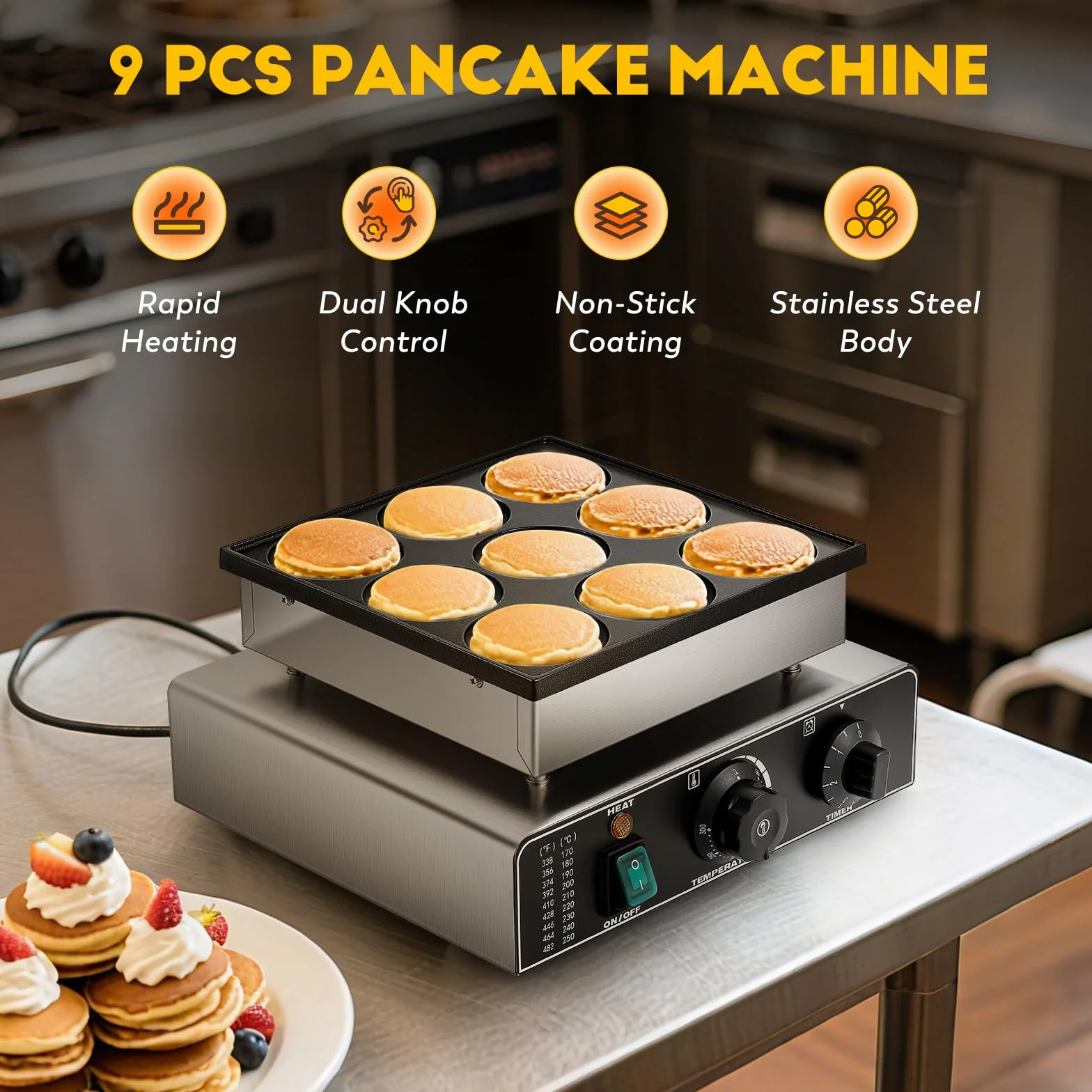 CGOLDENWALL 9 Fori Macchina Per Pancake Olandese Antiaderente, Timer 0-5 min, Temperatura 50-300℃, Mini Dutch Pancake Maker