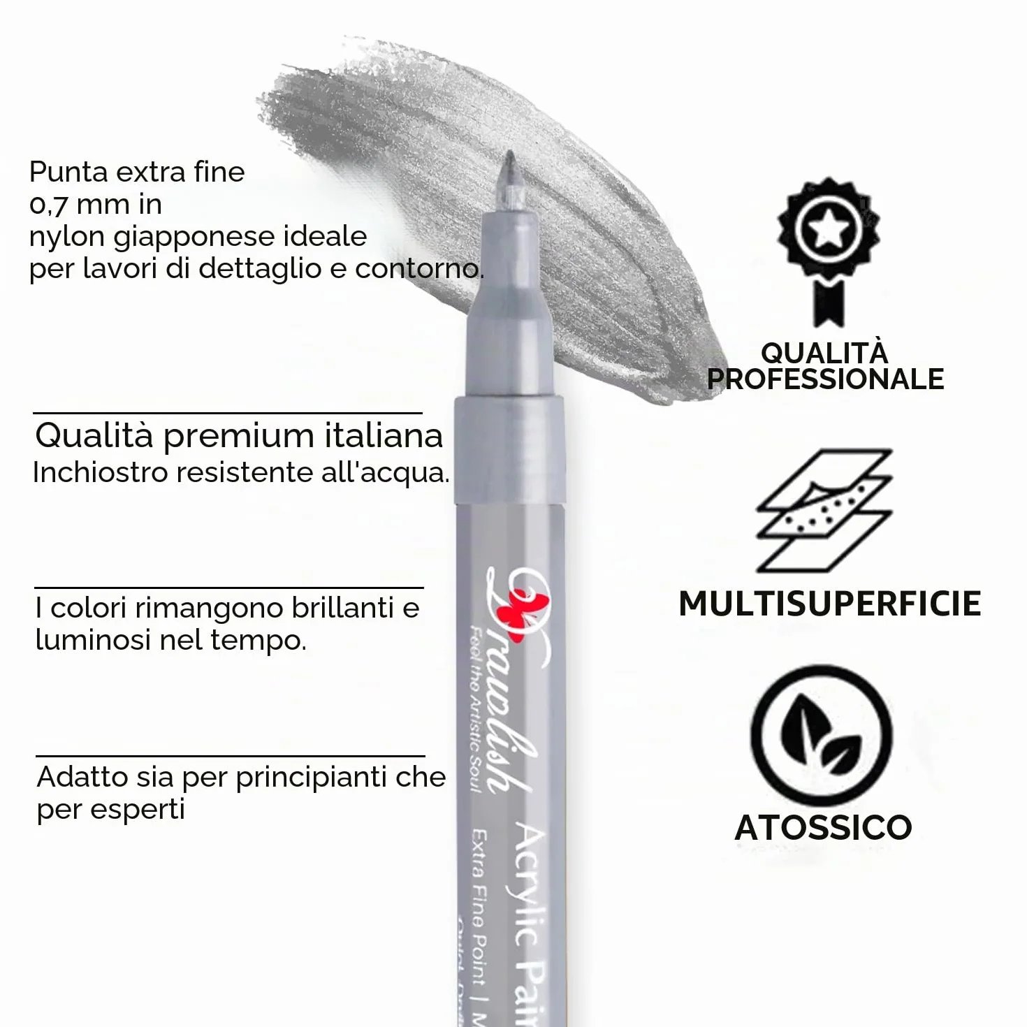 Set 4 pennarelli acrilici metallizzati oro argento punta extra fine 0,7 mm per tessuto vetro legno