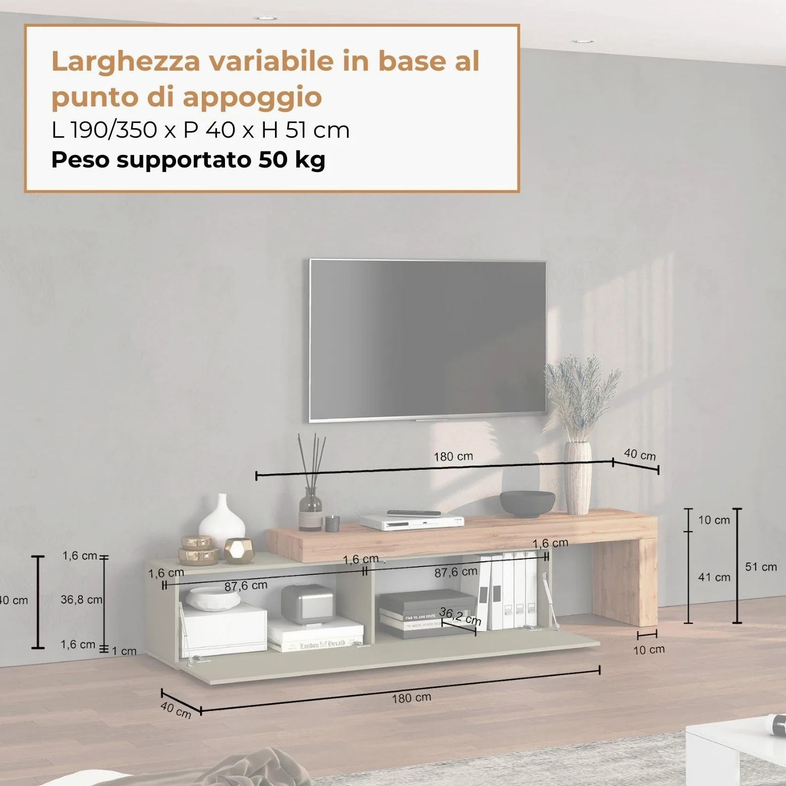 WHOUS Mobile Porta TV CHRONOS per Soggiorno con 1 Anta a Ribalta, Mobile Tv Regolabile per Salotto in Legno, 190/350x40x51 cm, Tortora Opaco e Rovere