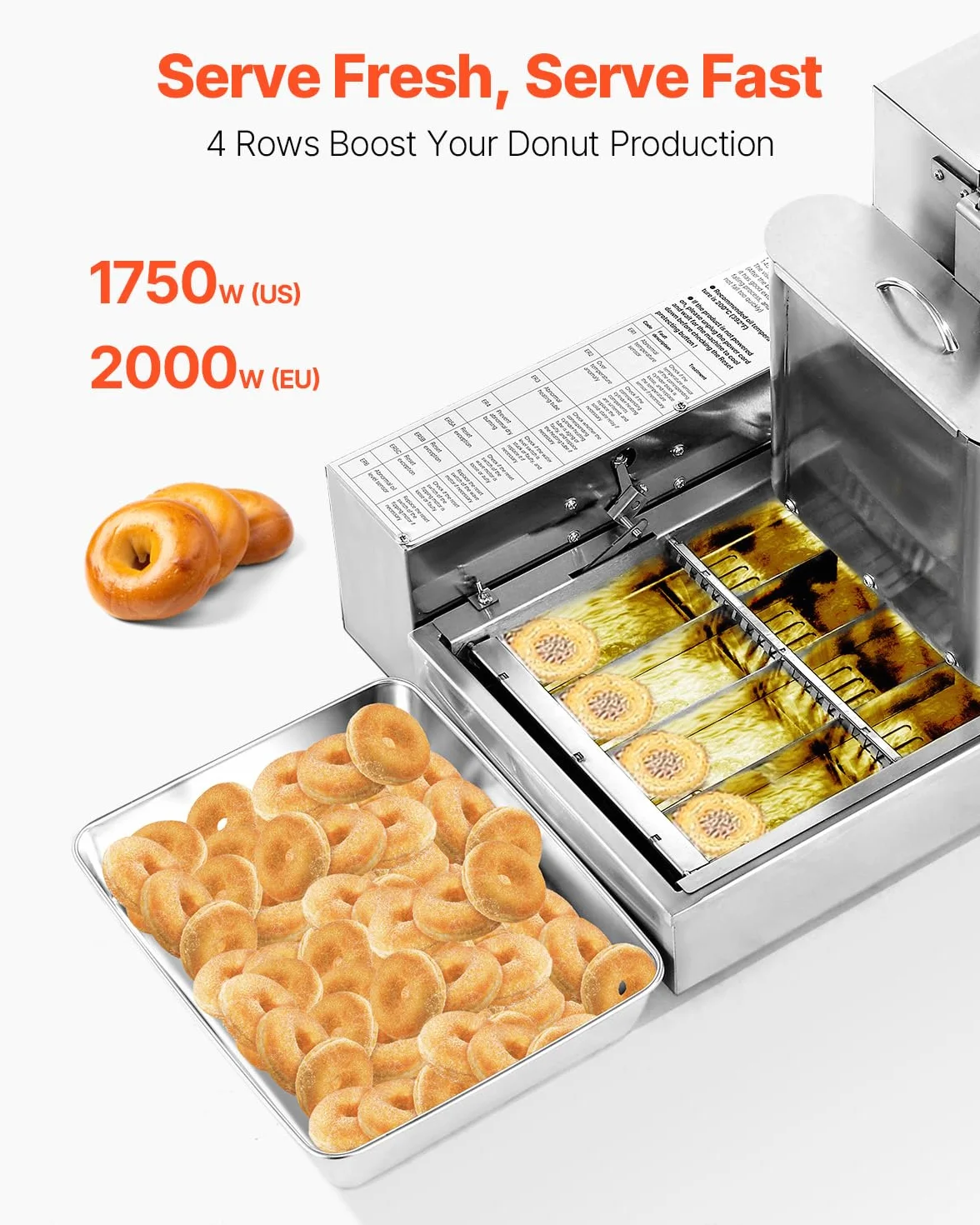 VEVOR Macchina Automatica per Ciambelle, Attrezzatura Commerciale per Ciambelle a 4 File, Macchina in Acciaio Inox Intelligente per Ciambelle Elettrica ad Alta Potenza da 240 Pezzi Ogni Ora