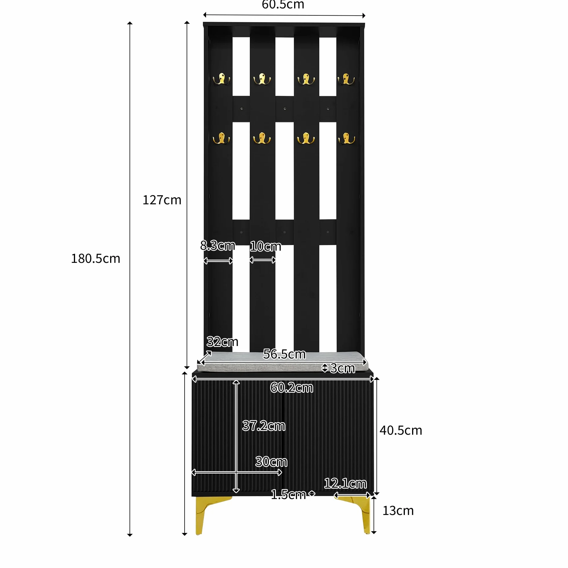 sogesfurniture Set di Guardaroba, Guardaroba per Corridoio con 8 Ganci per Abiti, Scarpiera con Cuscino, Grande Armadio con 2 Cassetti e Ante, per Corridoio e Ingresso (Nero)