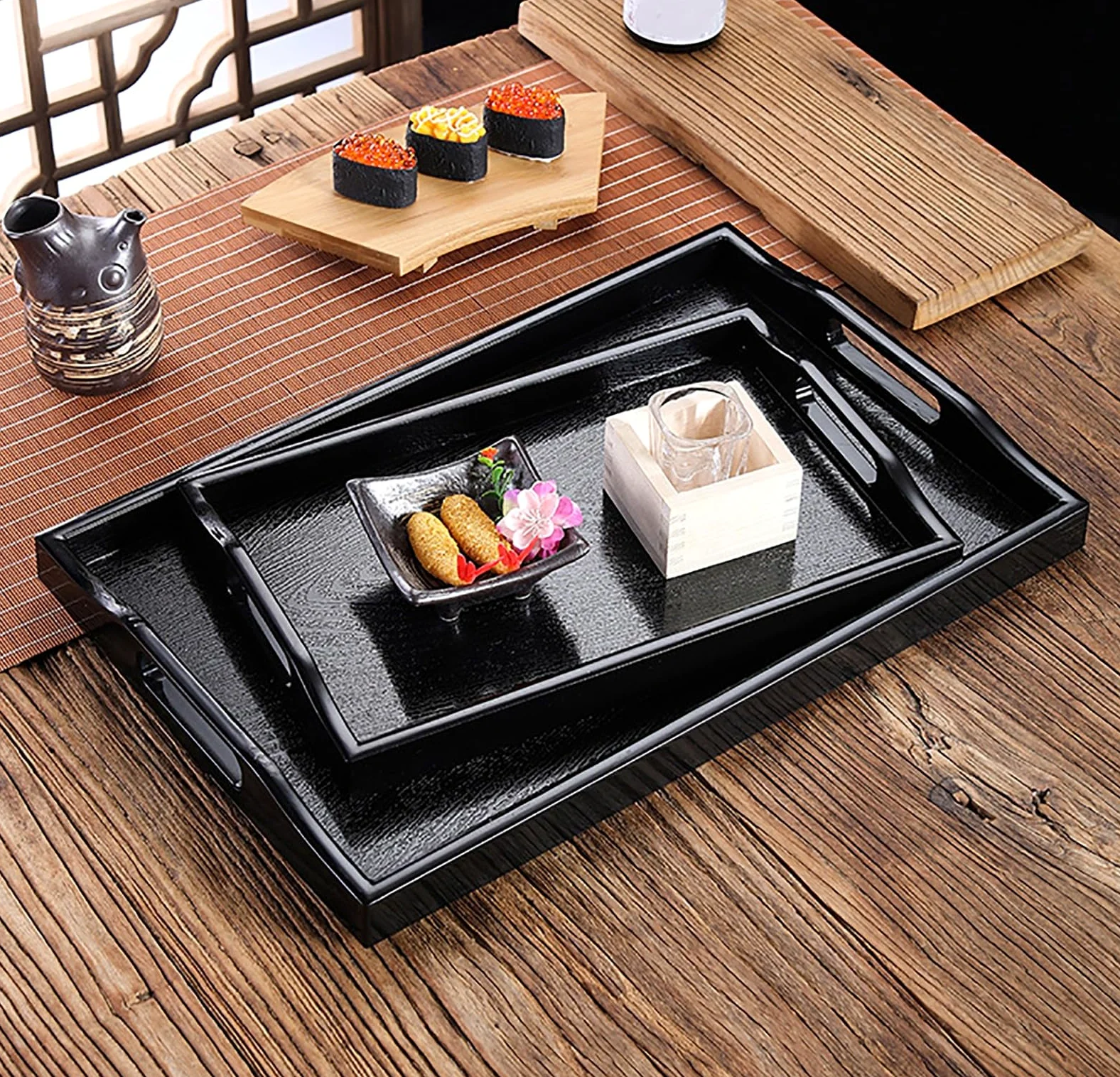 ROMOZ 2 PCS ABS Serving Tray with Handles, Home Decorative ABS Rectangle Platter Vanity Tray for Breakfast Dinner Drinks Kitchen Dining Living Bathroom Restaurants 60 * 40 * 2.8CM