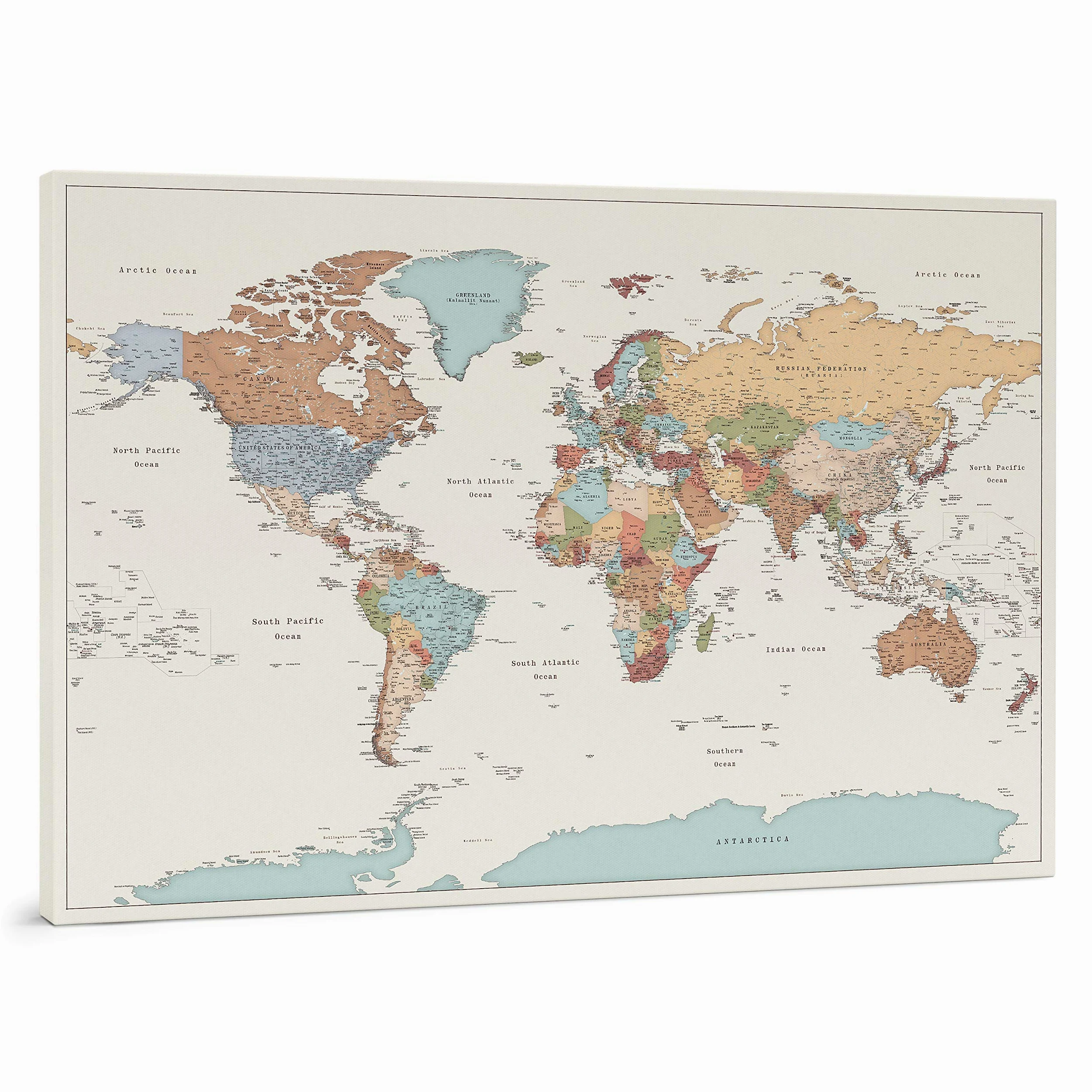 Trip Map Planisfero da Parete - Dettagliato Cartina Geografica Del Mondo con Puntine - Stampa su Tela - Diario di Viaggio - 3 Dimensioni: Media/Grande/Gigante