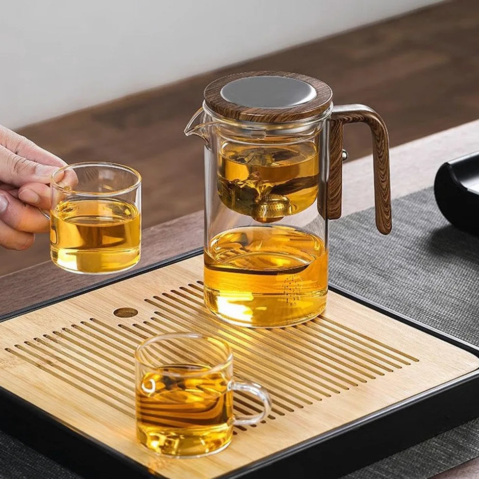 Teiera stregoneria, teiera incantata con controllo a pressione, teiera magica con infusore, teiera in vetro con colino, teiera magica 2 in 1 per tè sfuso, teiera magica in vetro con manico in legno