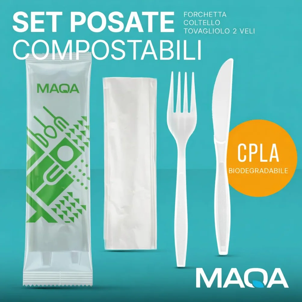 Posate Biodegradabili e Compostabili 500 Set – Forchetta e Coltello Imbustati Singolarmente, Resistenti fino a 70°C