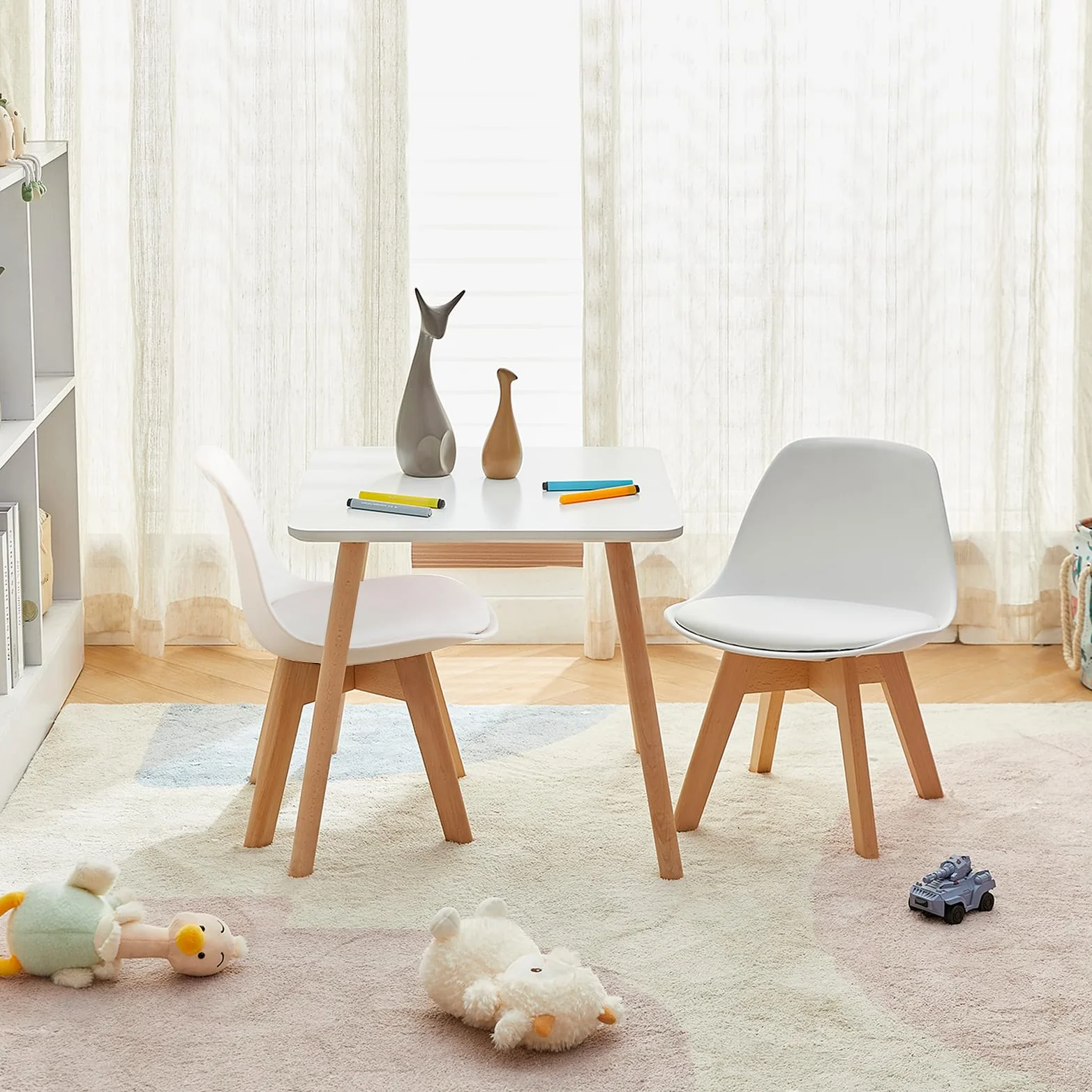 EGGREE Set di 2 Sedie per Bambini con Gambe in Legno, Sedia Piccola in PP+PU con Schienale per Cameretta per Bambini, Sedia da scrivania per Bambini,bianco