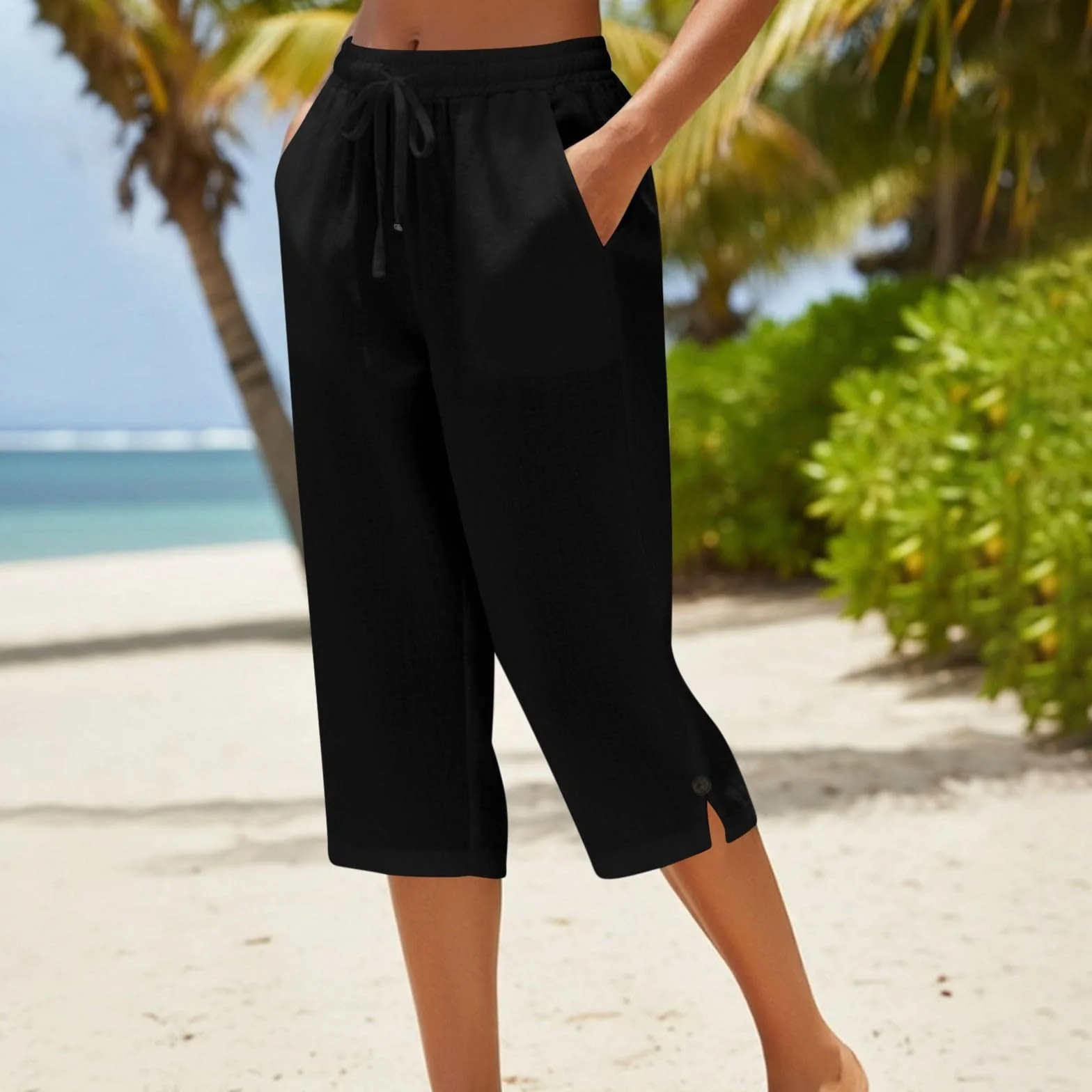 Generico Pantaloni Capri Donna Larghi Estivi Cotone e Lino Pantalone 3/4 Larghi Leggeri Comodi Pinocchietto Elegante Bermuda Donna Estivi Pinocchietti Spiaggia Pantaloncini con Coulisse