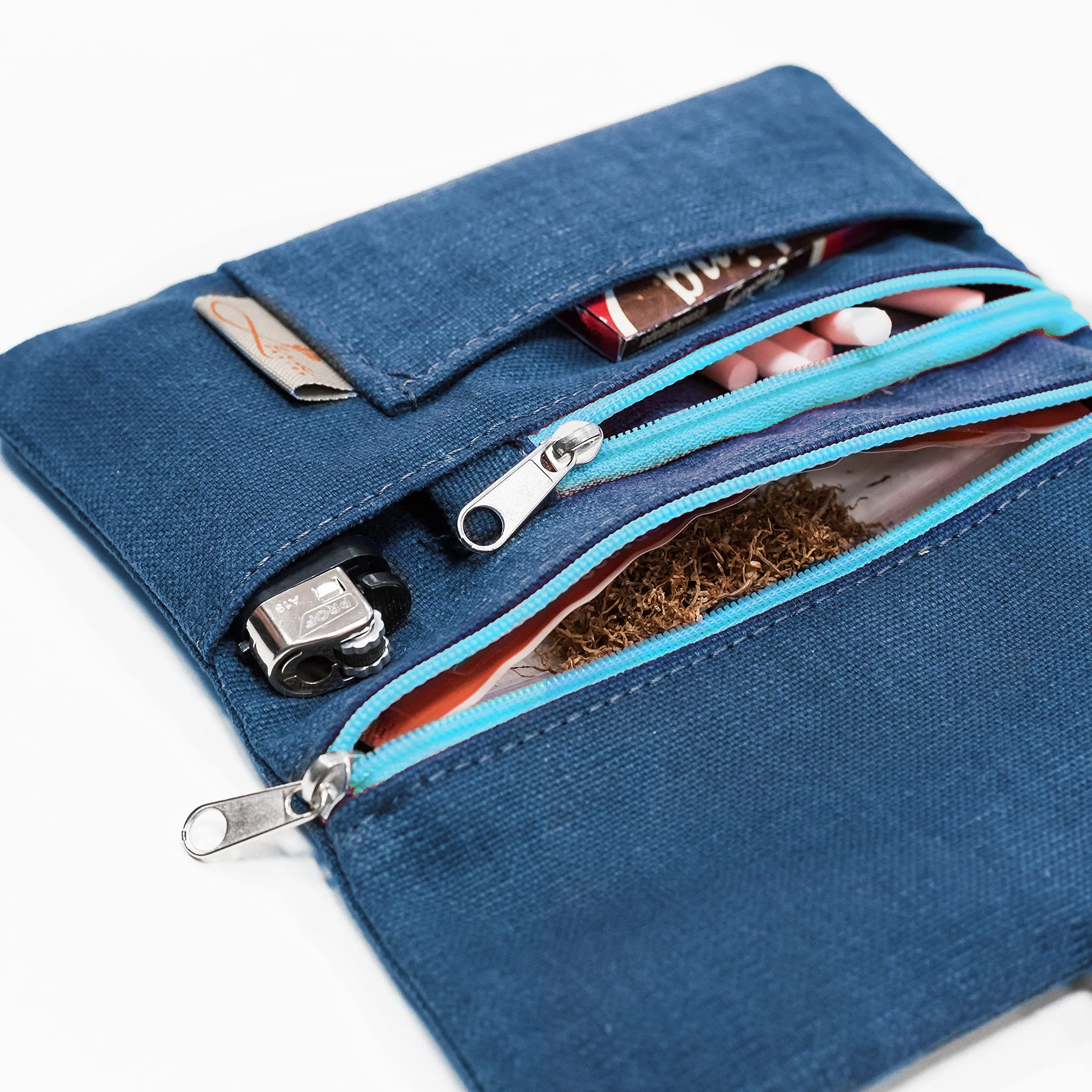 Porta Tabacco in Tessuto con Scomparti per Cartine, Filtri e Accendino - Cucito a Mano - Blu Celeste