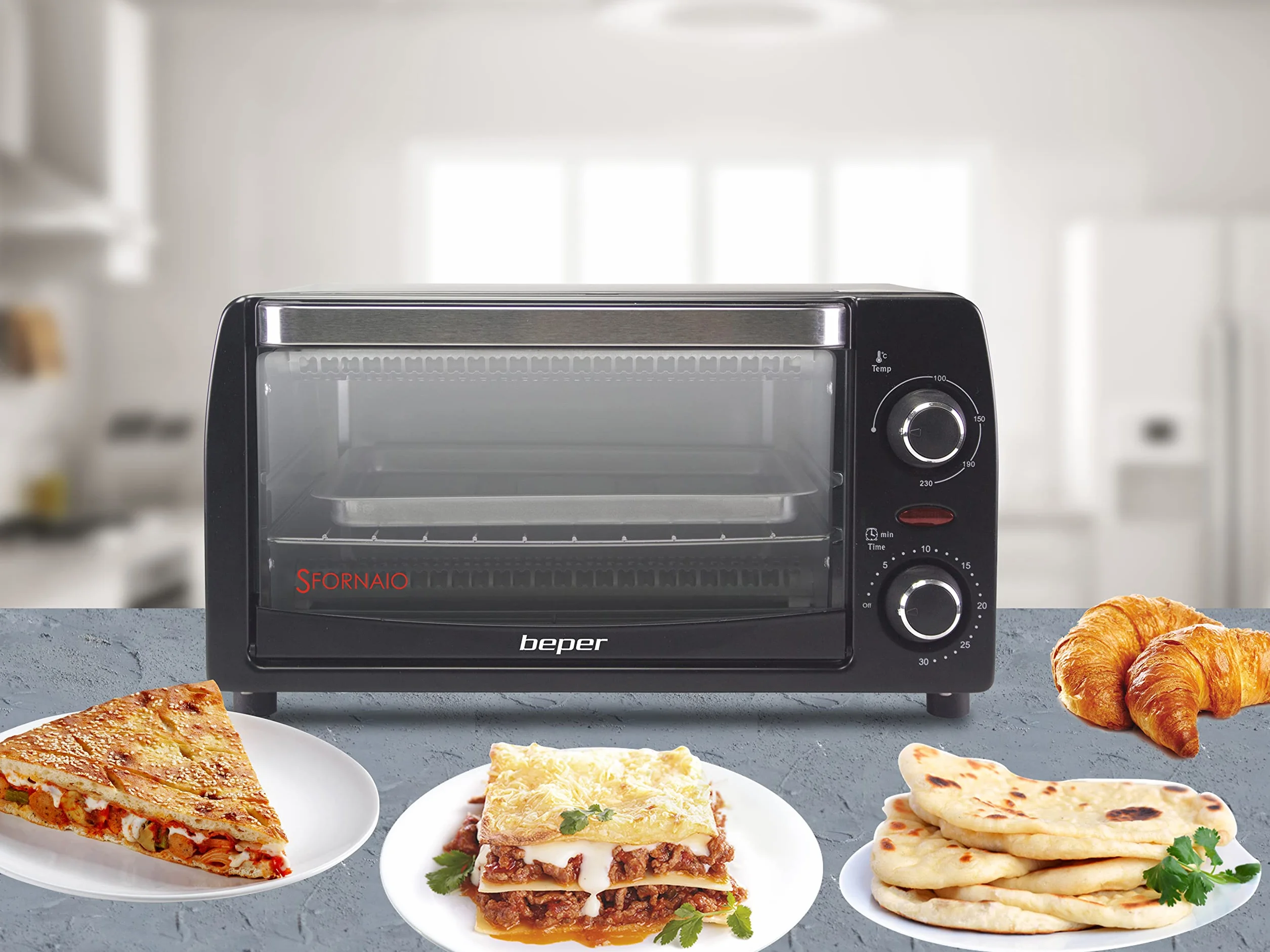 Beper Fornetto Elettrico 12L, Elementi Riscaldanti al Quarzo, Temperatura Regolabile 230°C, Nero