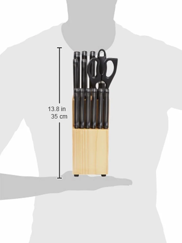 Amazon Basics Set di 14 Coltelli con Ceppo, Nero
