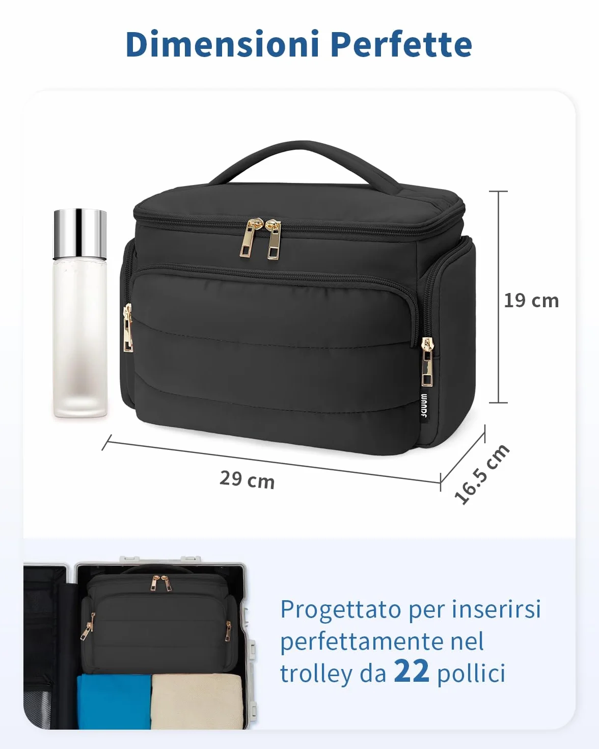 WANDF Beauty Case da Viaggio Donna, Grande Trousse Trucco a Larga Apertura con Maniglia, Organizer per Toiletries, Cosmetici, Accessori ed Essenziali da Viaggio, Nero