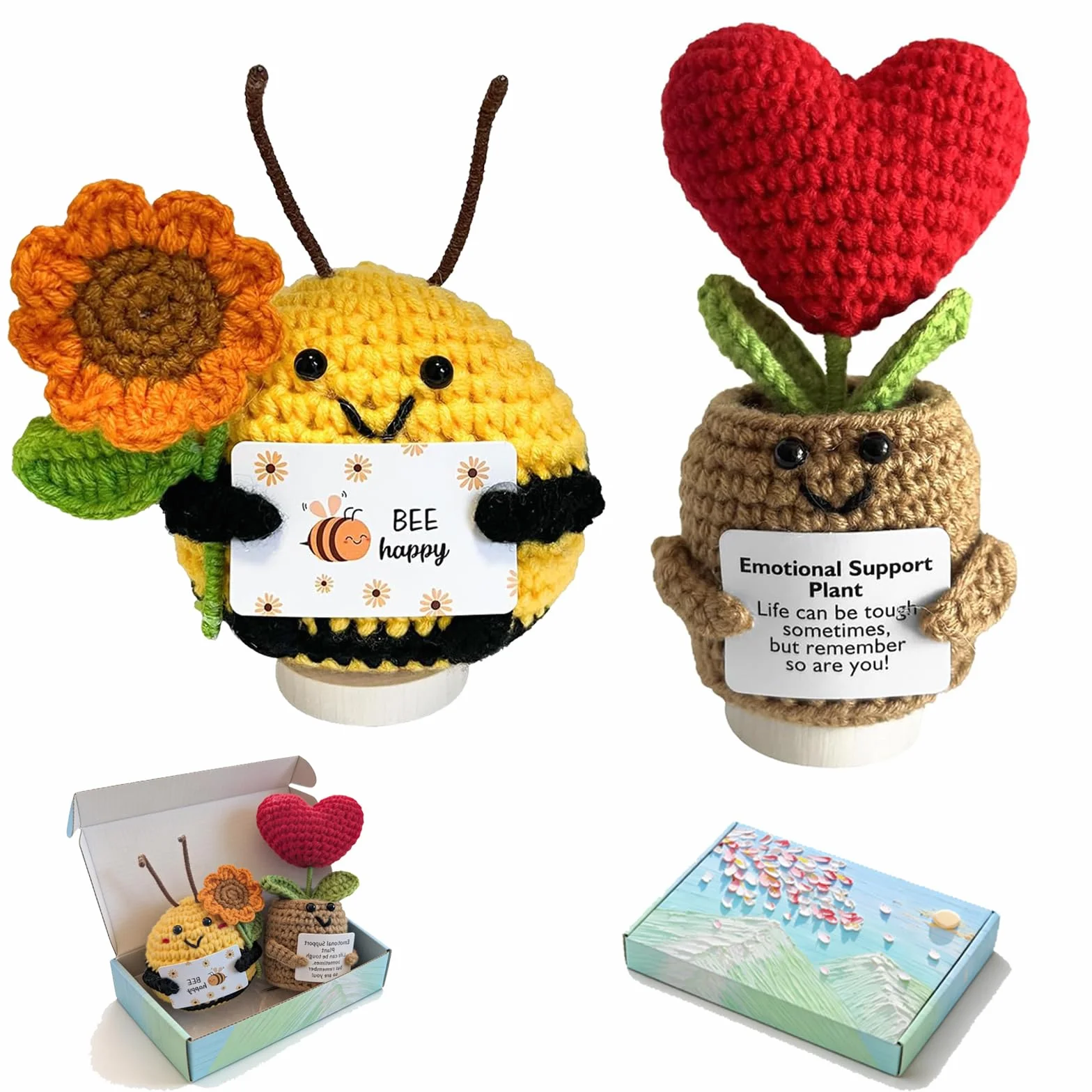 KATIMI 2 Pezzi Pocket Hug Bee Regali Fortunati, Pianta di Supporto Emotivo, Ape Positiva, Regalo D'amore Rosso Positivo con Base in Legno, Regalo di Incoraggiamento per le Amiche