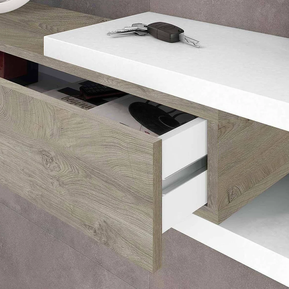 Dmora - Mobile da ingresso Mcallen, Entratina reversibile con specchio, Mobile per atrio con cassetto, Svuotatasche per appartamenti, 95x26h69 cm, Bianco e Rovere
