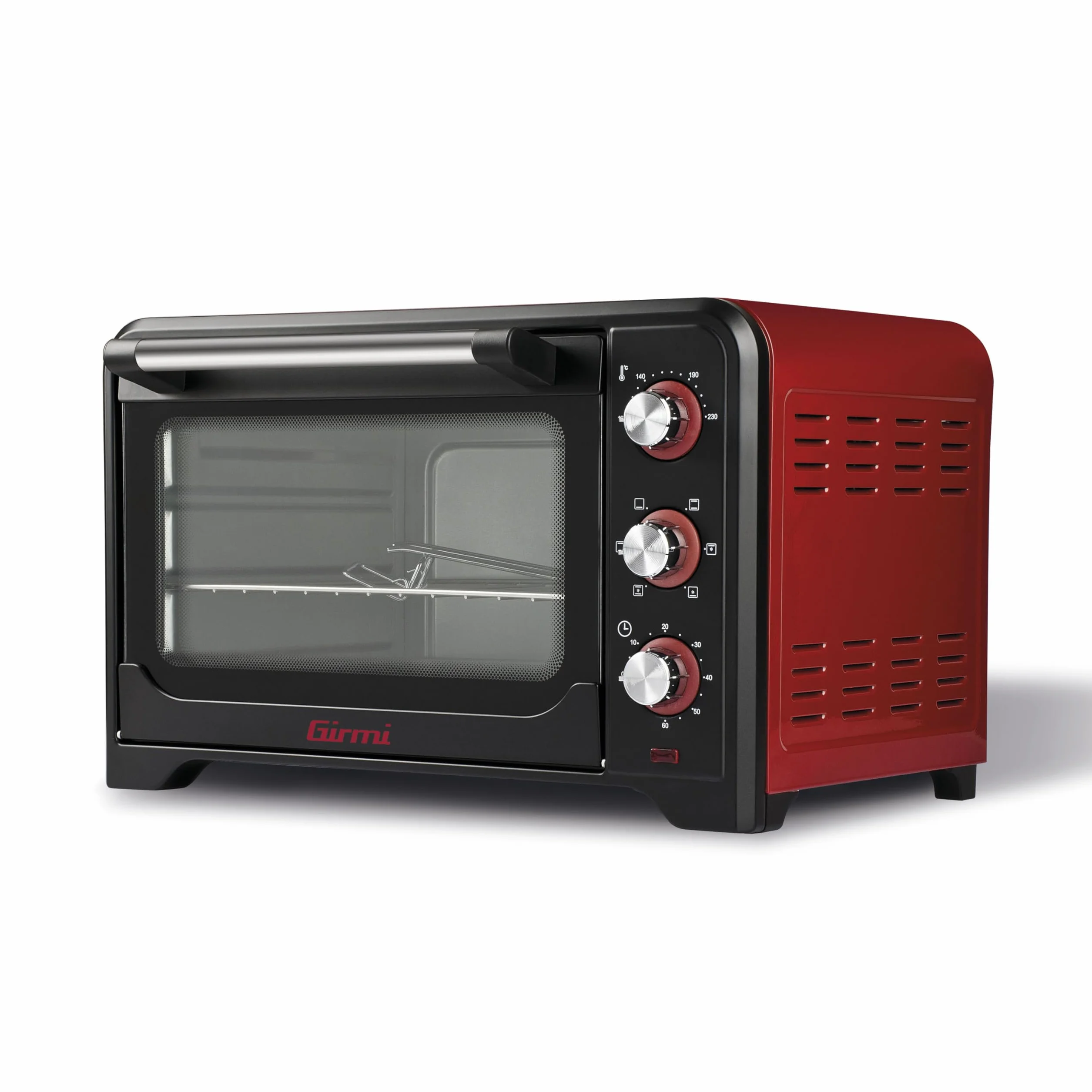 Girmi FE30 Forno Elettrico 1600 W Ventilazione Luce interna Timer Termostato regolabile 230° 4 resistenze Griglia Inox Nero Rosso