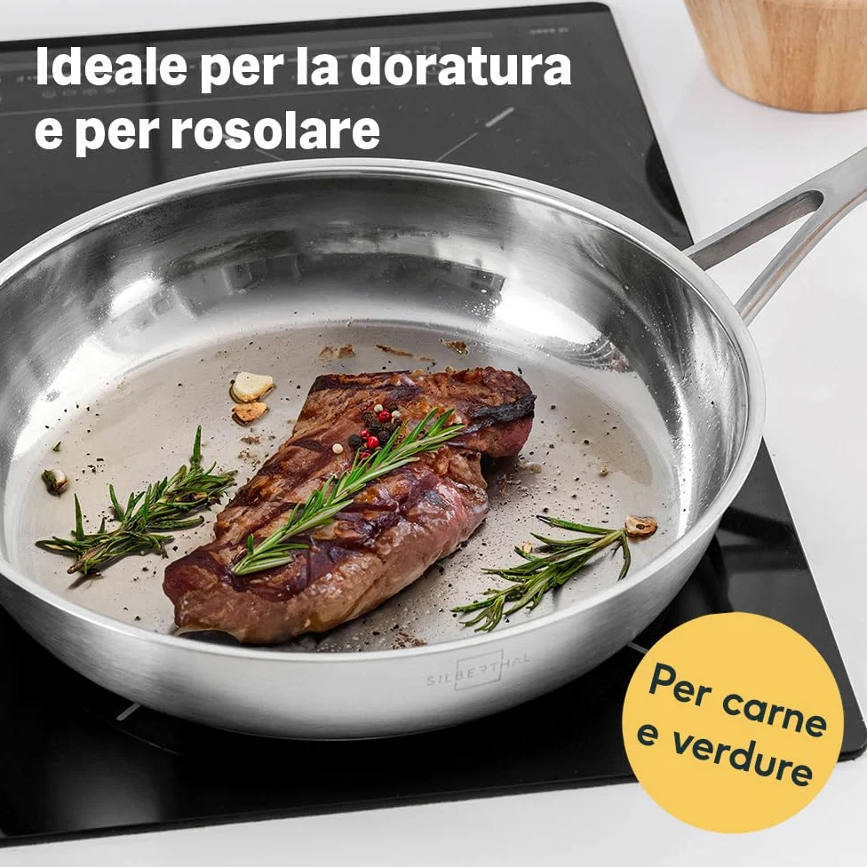 SILBERTHAL Set padelle acciaio inox 20 24 e 28 cm - Induzione gas e forno 400ºC - Senza rivestimento 18/10 - Triplo fondo