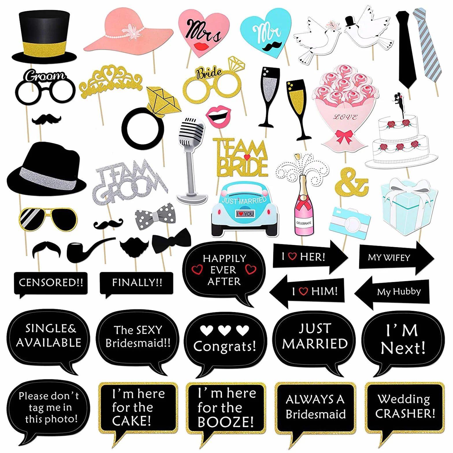 Konsait Matrimoni Photo Booth Kit 52 sztuk Akcesoria Fai da Te Puntelli Maschere Baffi Cappello Occhiali