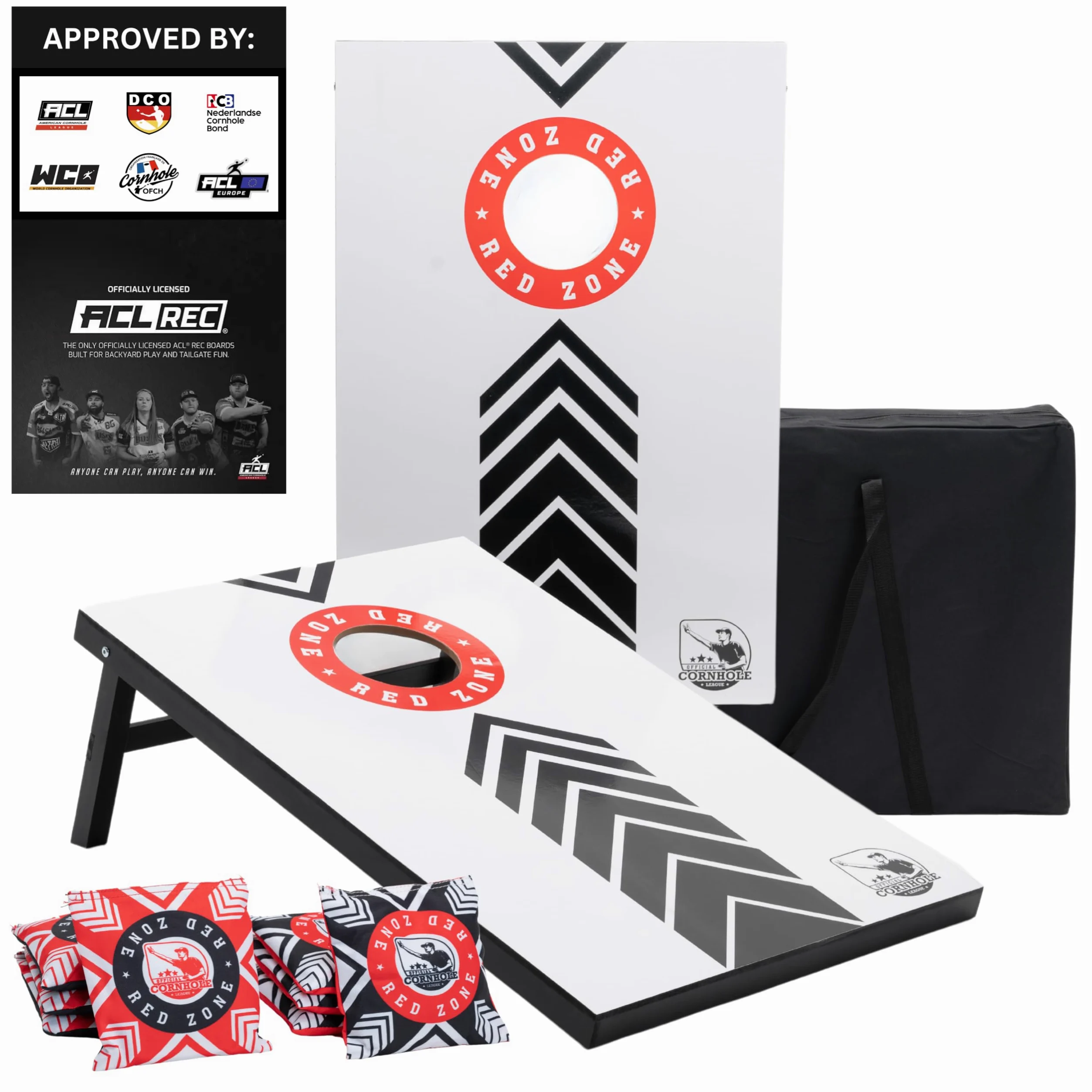 Set Cornhole Ufficiale 90 x 60 cm – Red Zone – 2 Tavole Cornhole – 2 x 4 Sacchetti Cornhole – Borsa per il Trasporto Inclusa – MDF – Qualità Premium (90x60 MDF – RED ZONE)